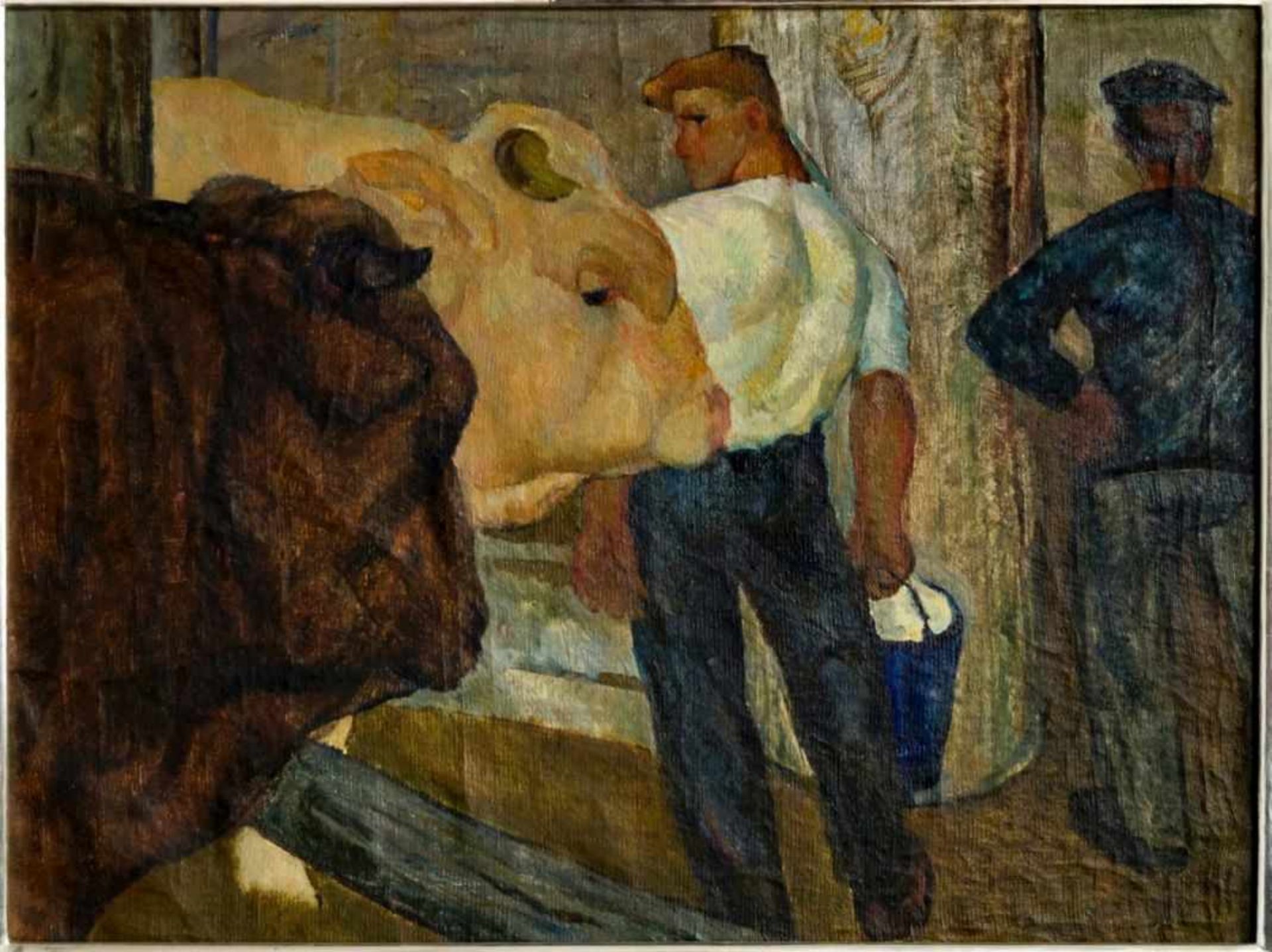 On the farm, Oil on canvas, not signed, verso titled, painted by Julij I. Kryga(1927-1989), 59 x - Bild 2 aus 2