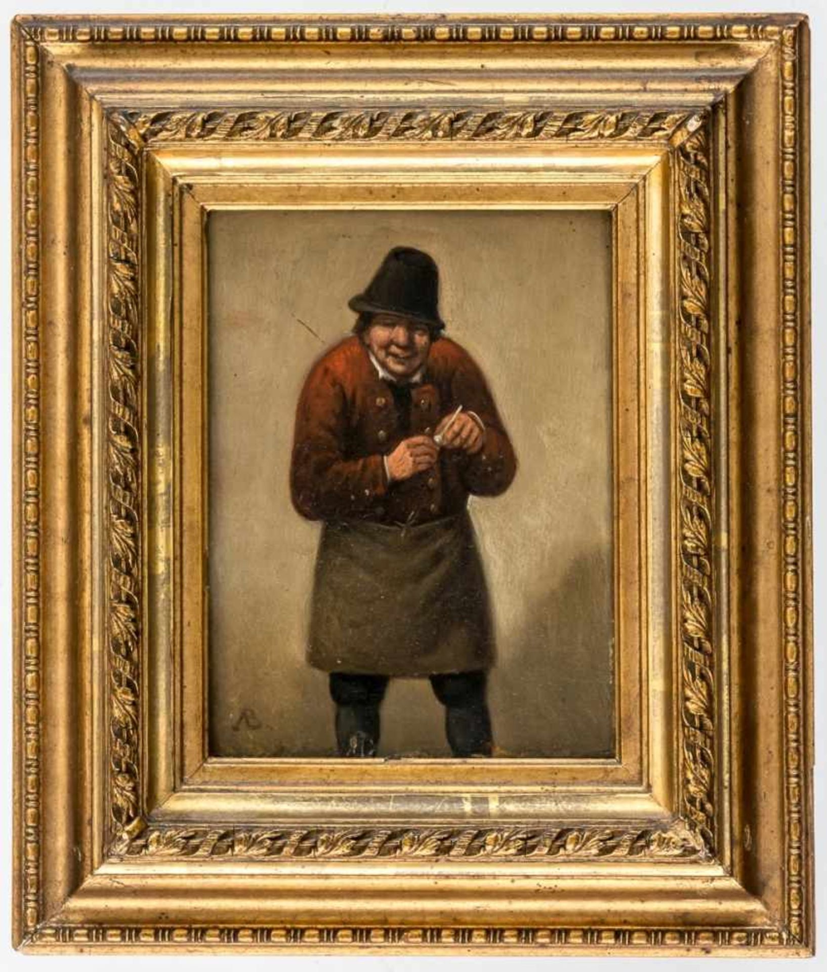 A Man with clay pipe, Netherlands, Oil on panel, monogrammed AB, 14 x 10,5 cm, frame: 24 x20,5 cm, - Bild 2 aus 2