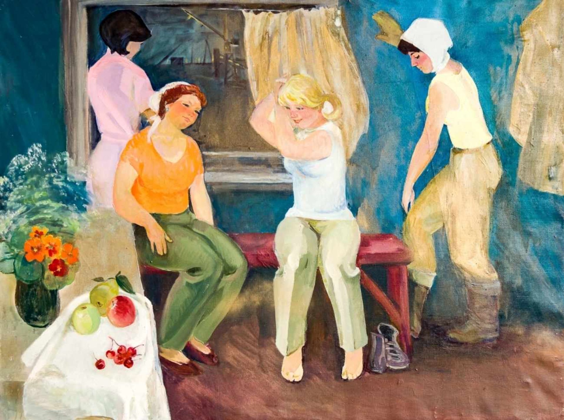 The Team, Oil on canvas, verso titled, by Olga Titova (1937-2017), 1980s, 90x121 cm //Lit: Matthew