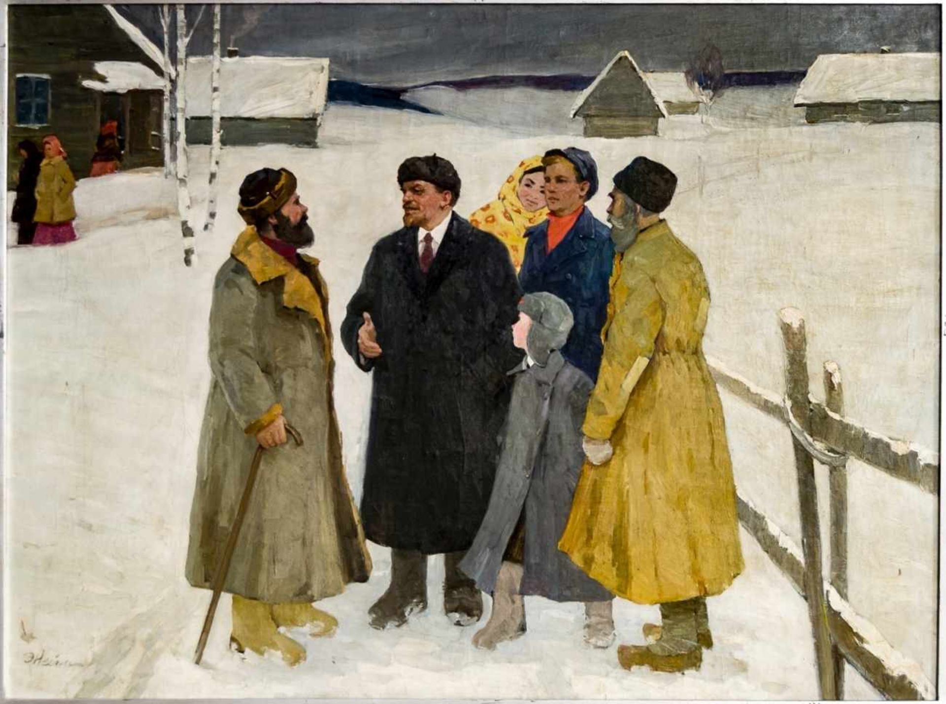 Monumental painting with Lenin in winter, Oil on canvas, verso signed by Ellaida Neimann(born - Image 2 of 2