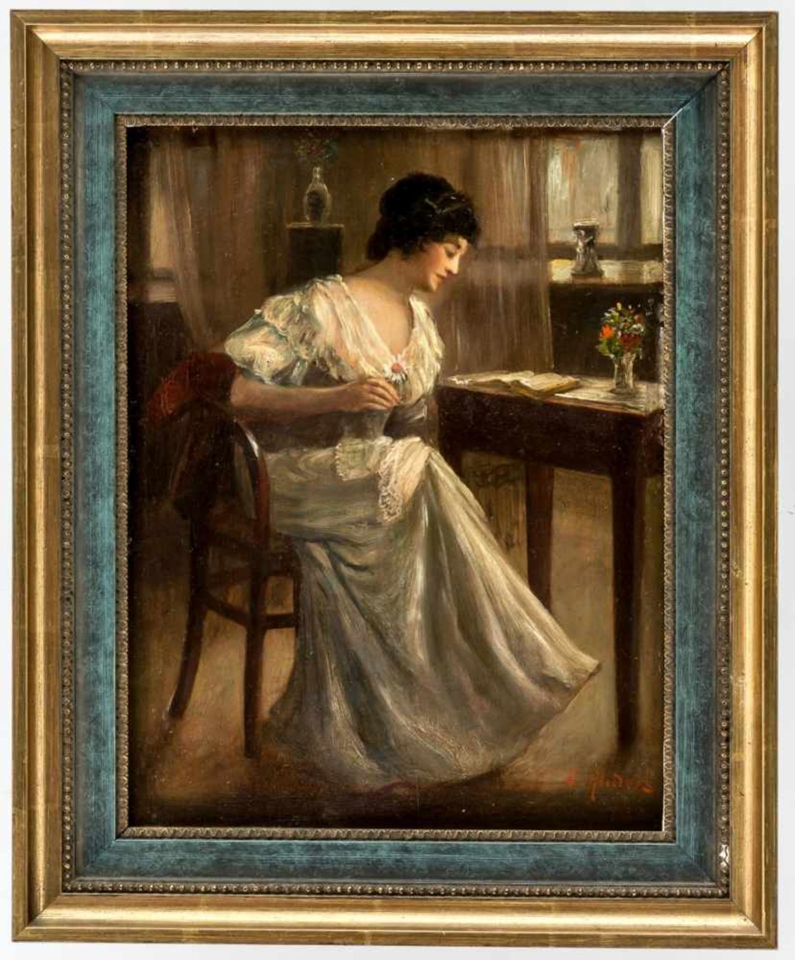 Reading a book, Oil on panel, signed E. Anders, probably Ernst Anders (1845-1911), 31 x 24cm, frame: - Bild 2 aus 2