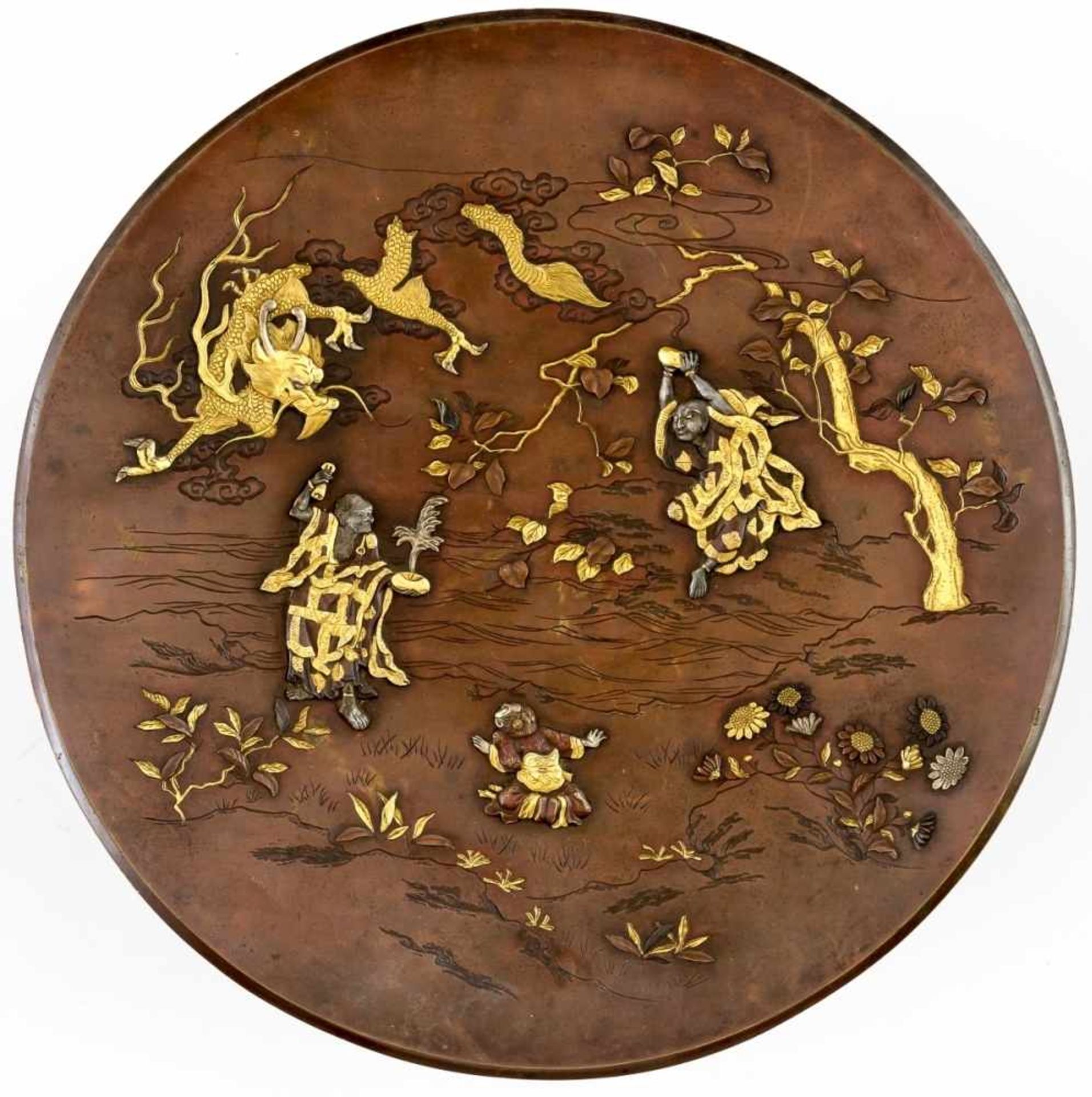 Three magicians and a dragon, Japan (Kyoto), bronze plate with gold inlays, signature:Kumagai,