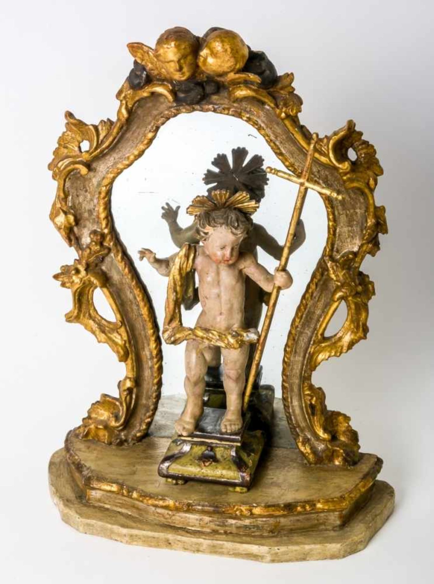 Charming figure of the Infant Jesus in front of a mirror, Southern Germany, wood carving,late 18th