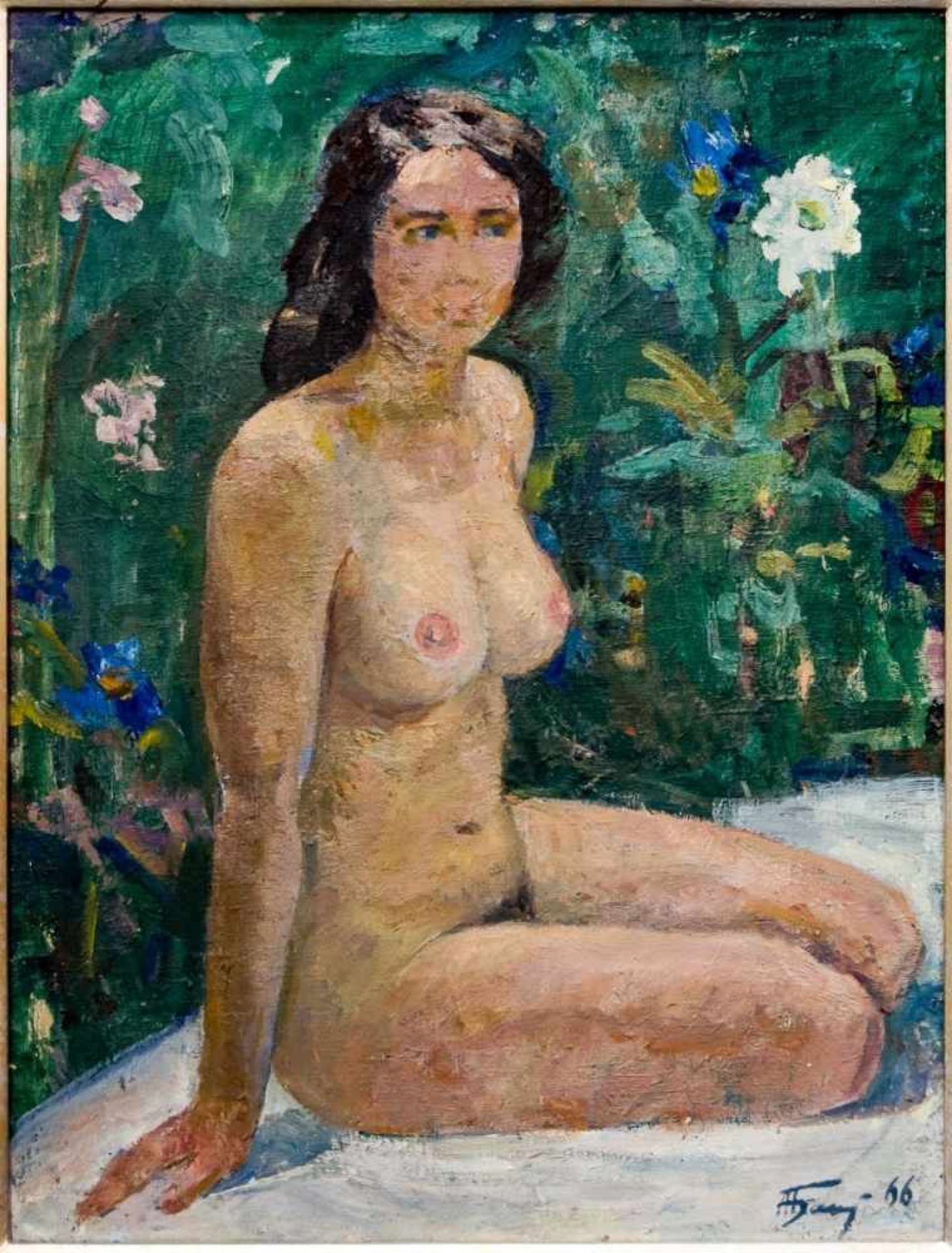 Sitting Nude, Oil on canvas, signed by Anatolij Baschkewitsch (born 1937 Kiev) and dated1966, 85 x - Bild 2 aus 2