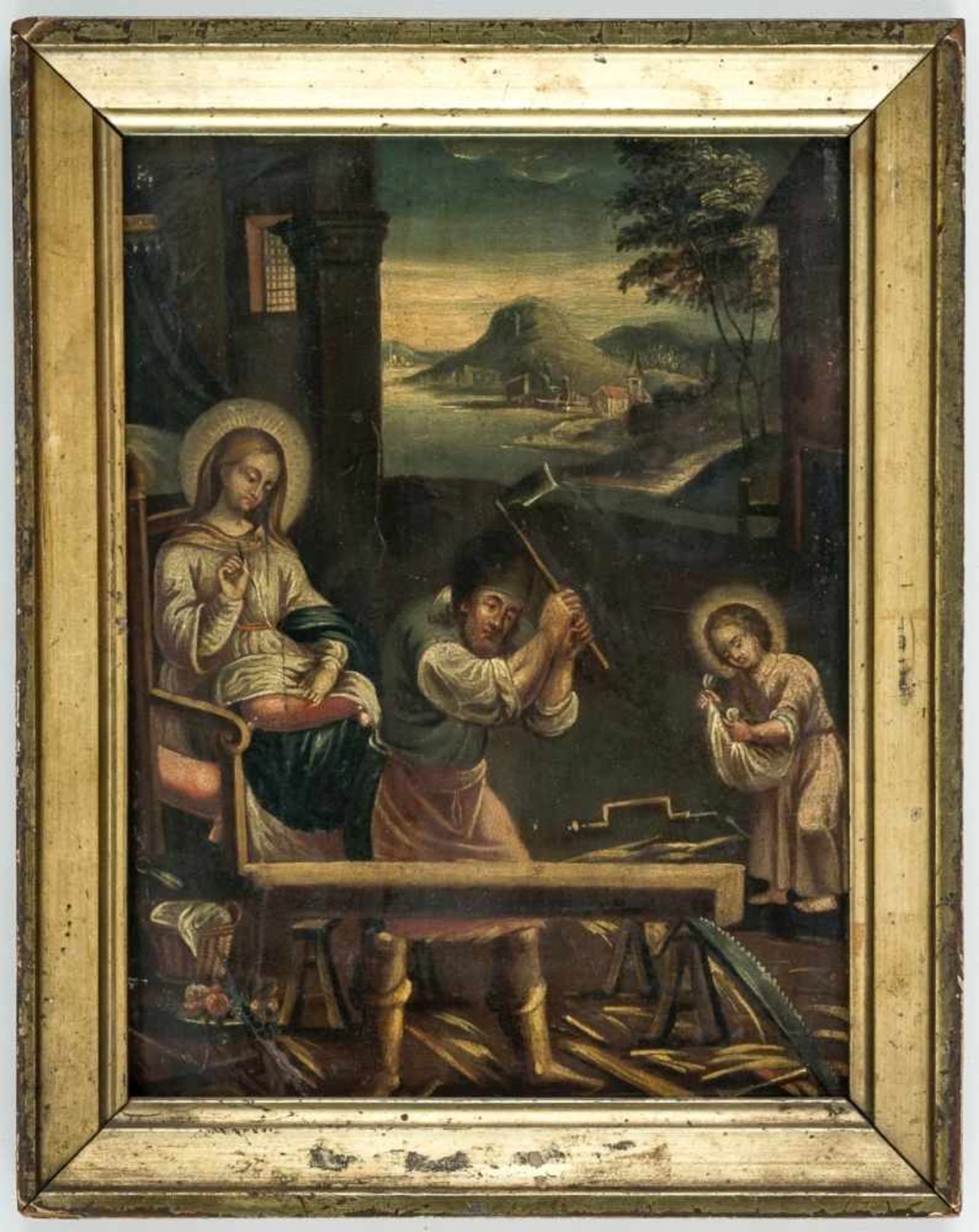 Holy family in the workshop, Oil/panel, 18th/19th century,24.3 x 18.3 cm, frame: 28.5 x22.5 cm // - Bild 2 aus 2