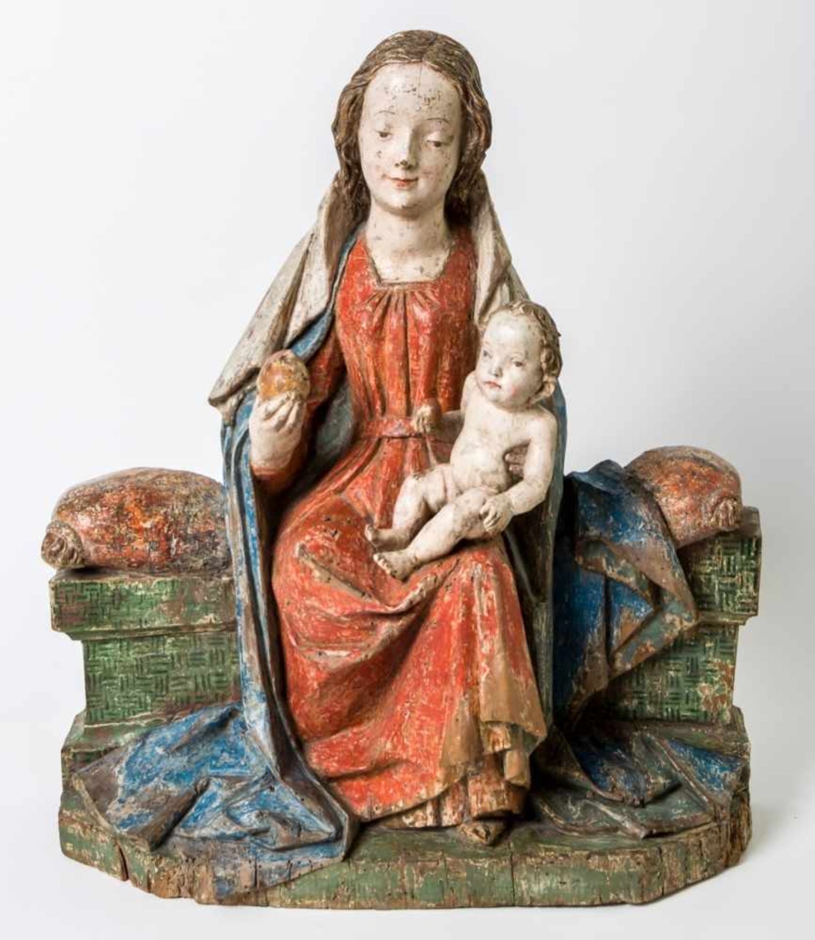 Important enthroned Madonna with Child Jesus, Franconia, Gothic, woodcarving, around1430/40, 62 x 54