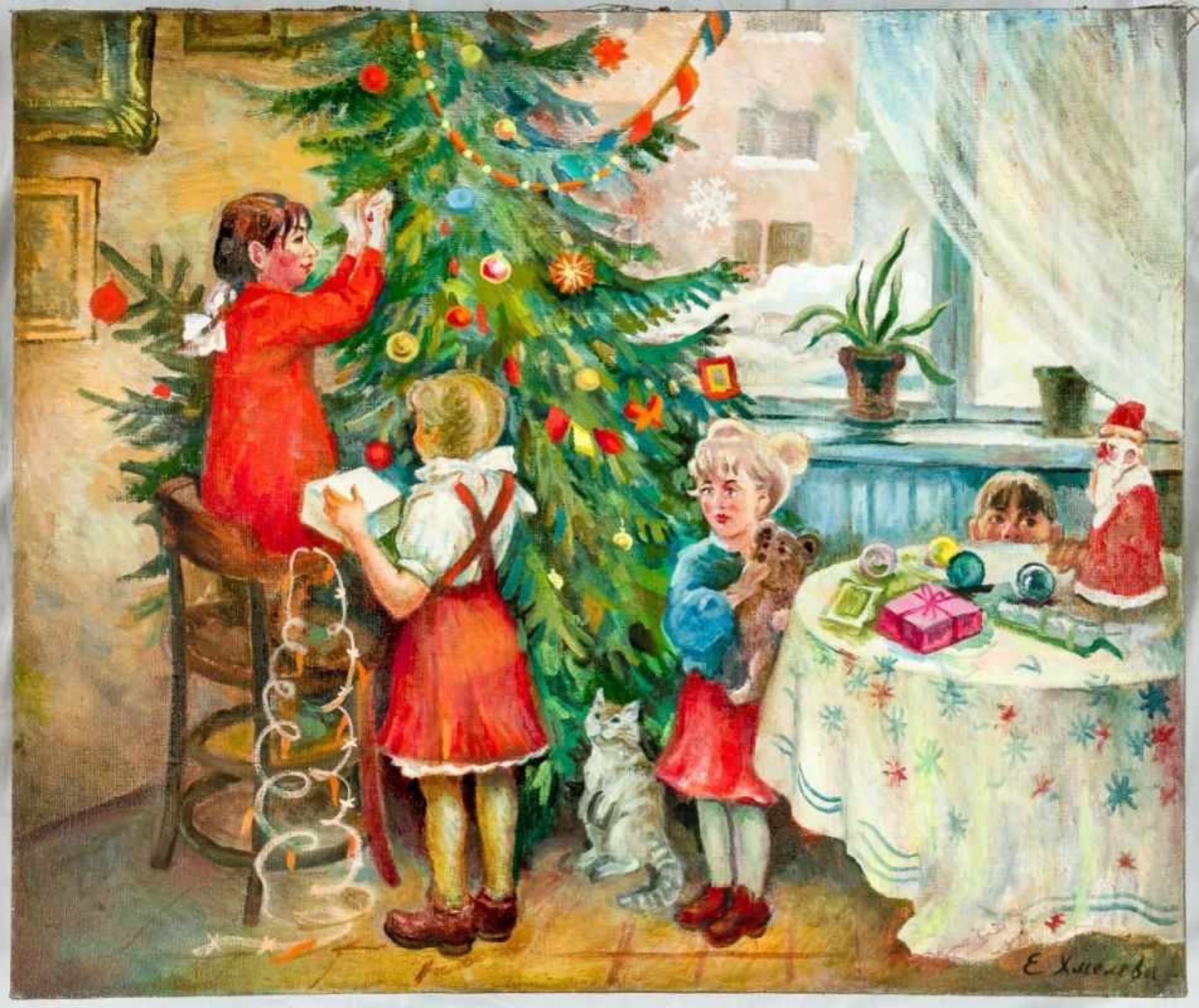 Children are decorating the Christmas tree, Oil on canvas, signed Elena Khmeleva (born1966 in St.