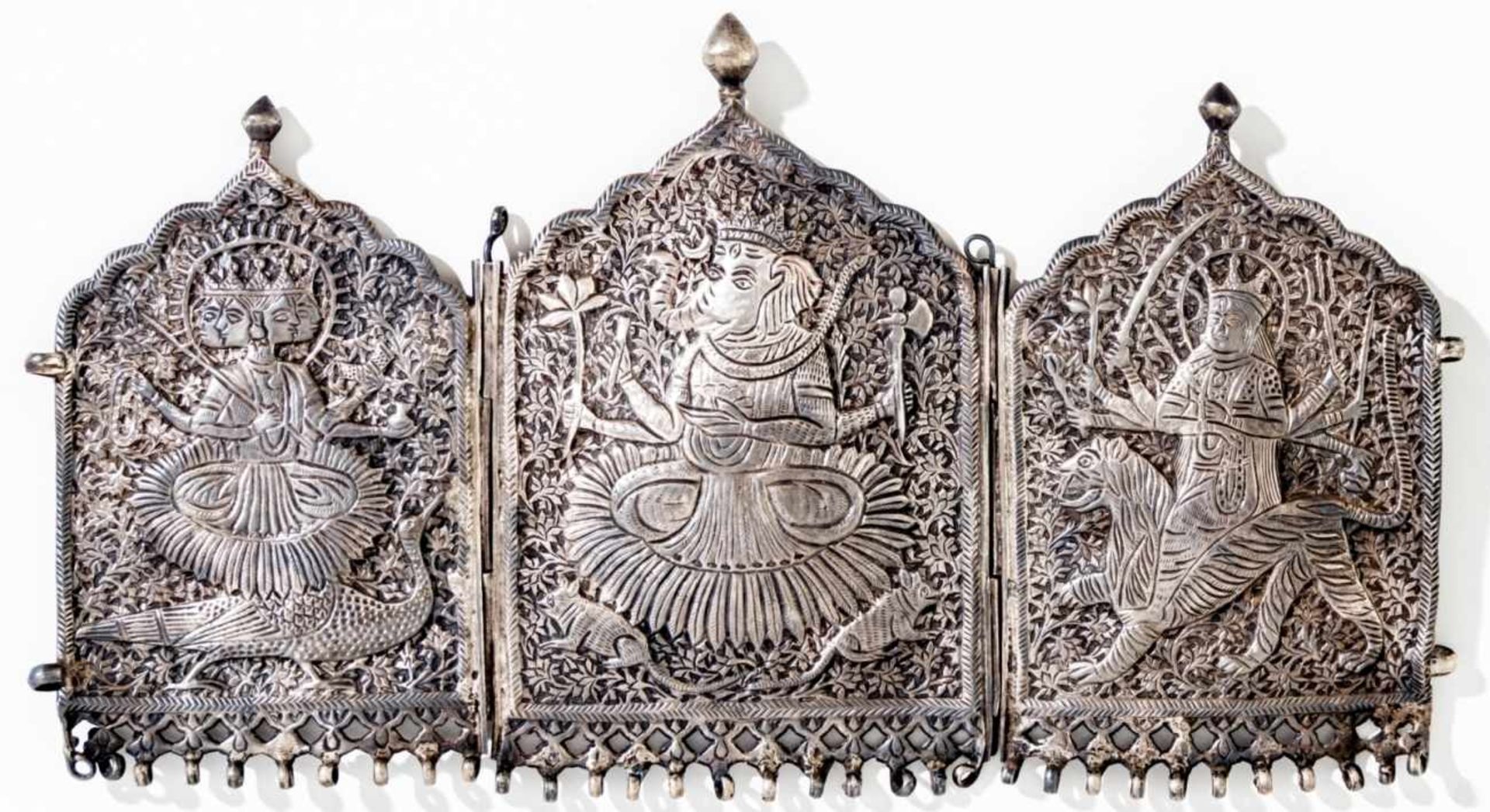 Buddhist Deities, Triptych or part of a polyptych, probably: India, tin (?), c. 1900,opened: 16 x 28