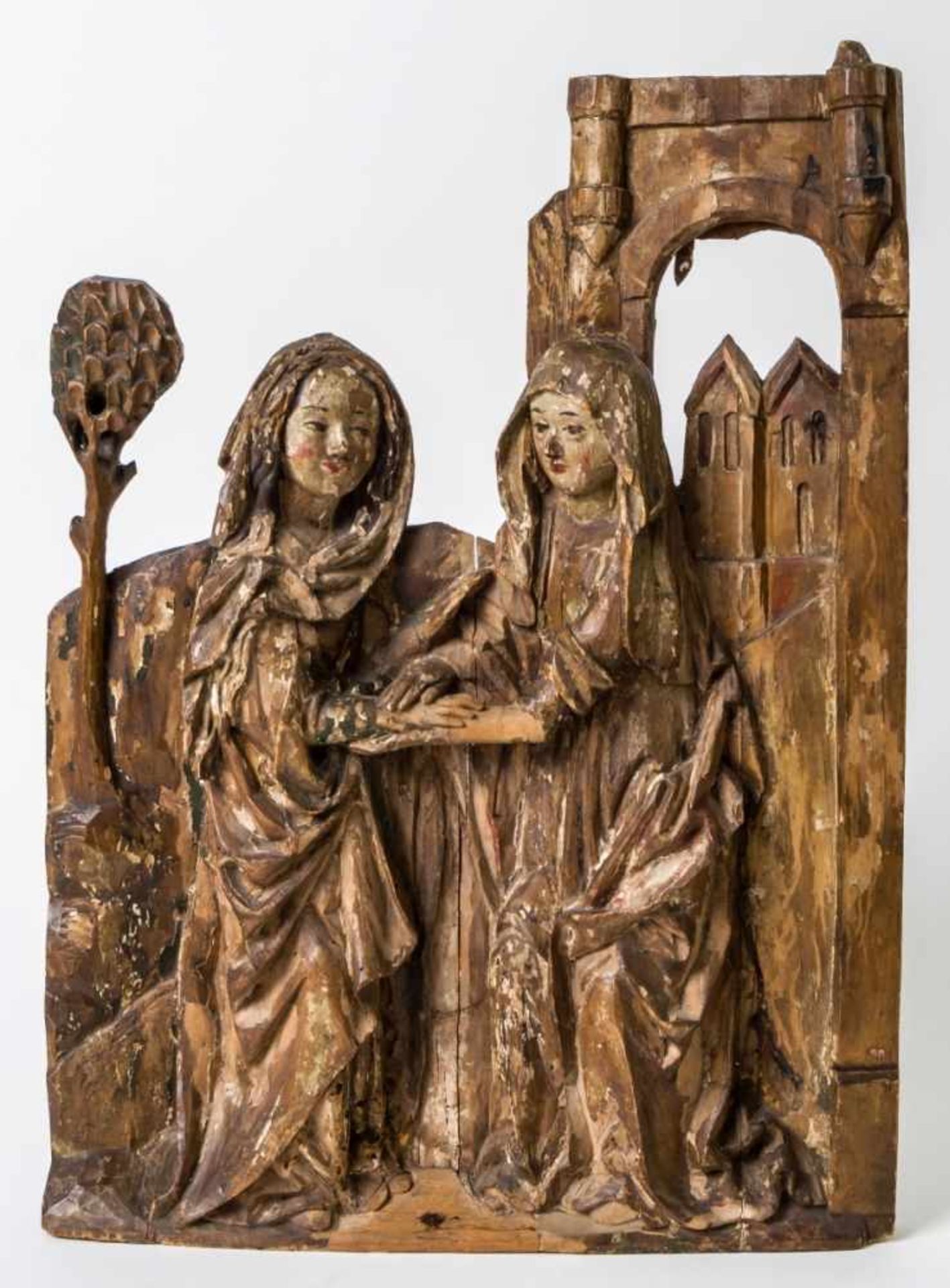 Rare relief of the Visitation of Mary, Lower Rhine, Gothic woodcarving, c. 1470, 60 x 43cm //