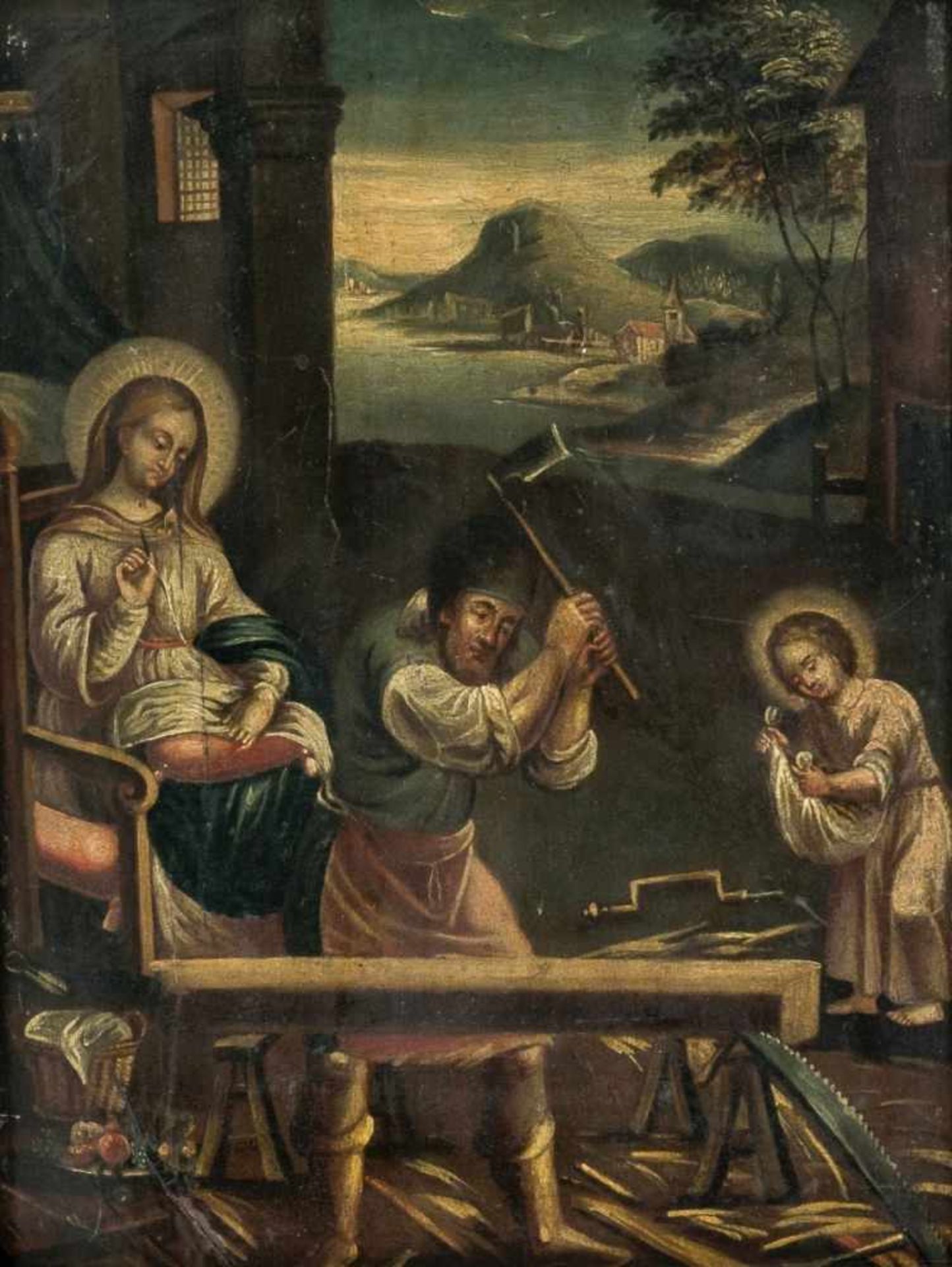 Holy family in the workshop, Oil/panel, 18th/19th century,24.3 x 18.3 cm, frame: 28.5 x22.5 cm //