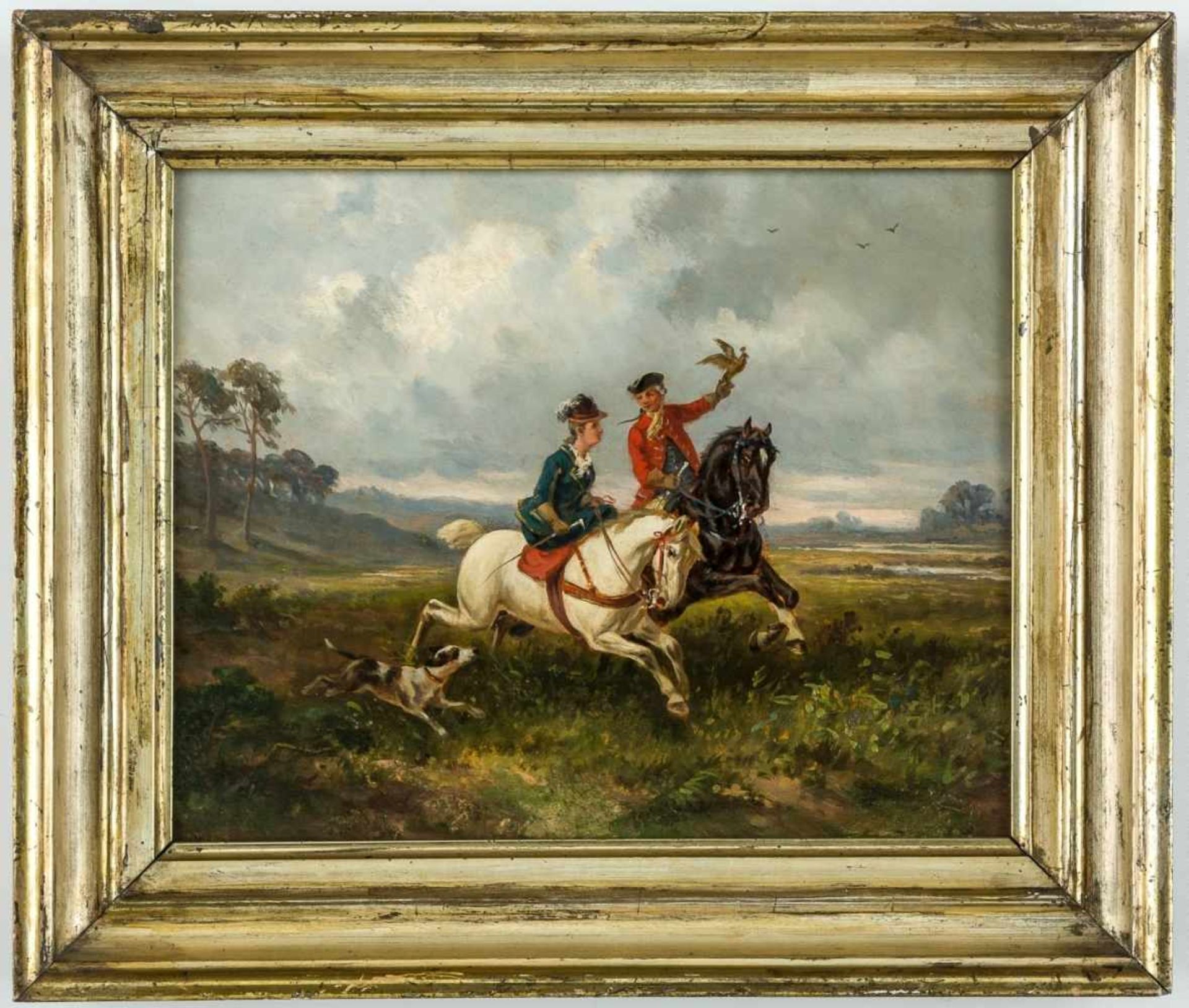 A Falconer with rider in ladies seat, England, oil on panel, 19th century, 25,5 x 32 cm,frame: 33, - Bild 2 aus 2