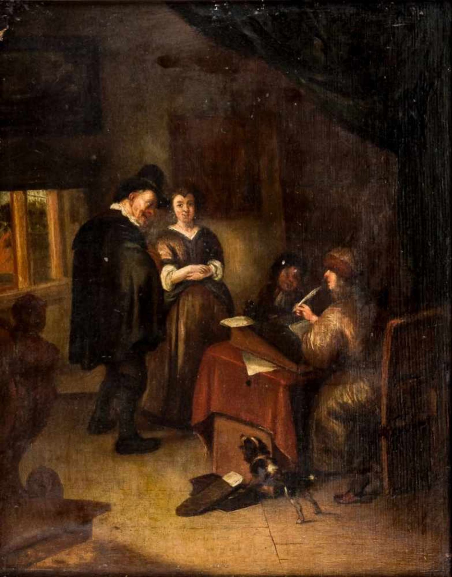 In the Office, Netherlands, oil on panel, probably circle of Richard Brakenburgh(1650-1702), 37 x