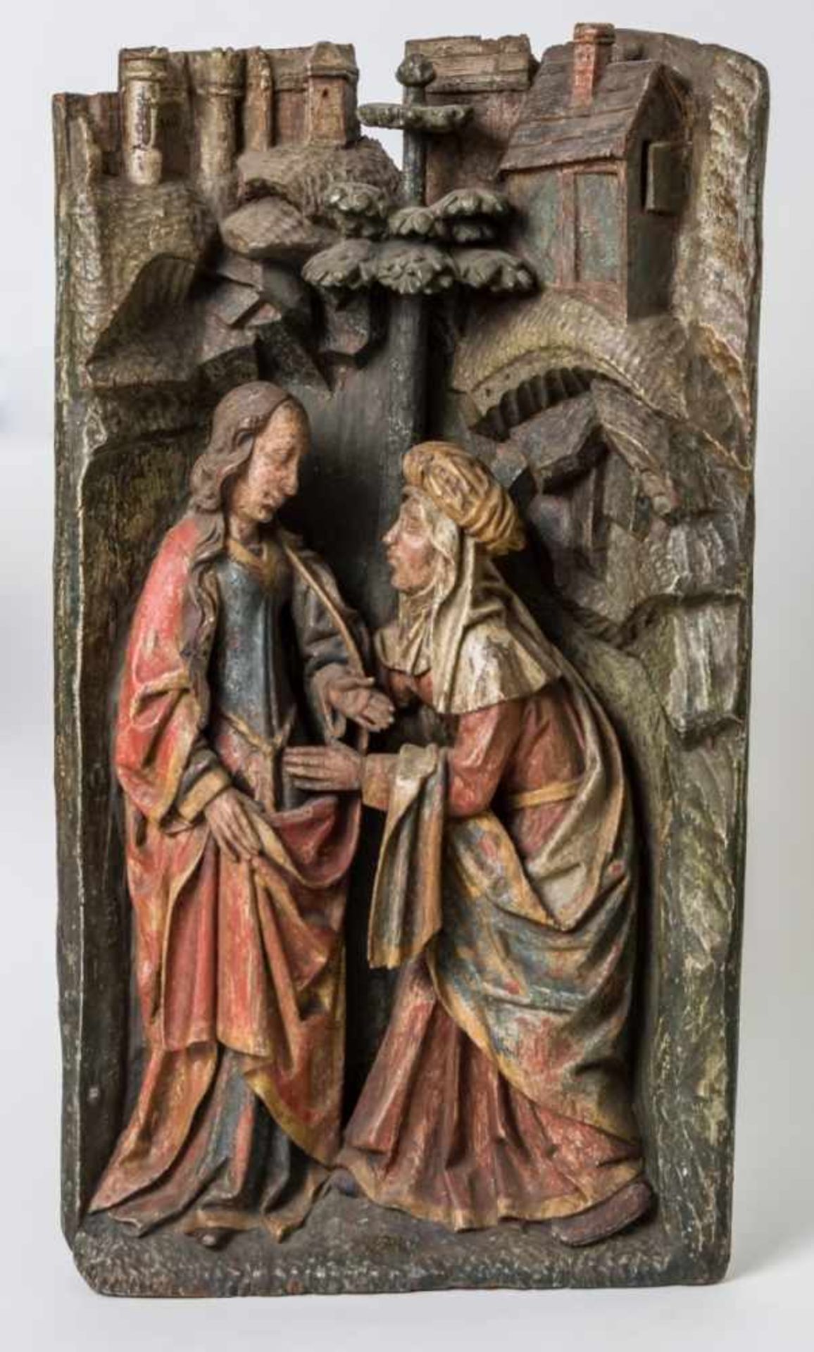 Amazing Relief of the Visitation of Mary, Gothic woodcarving, 19th century or earlier, 67x 37