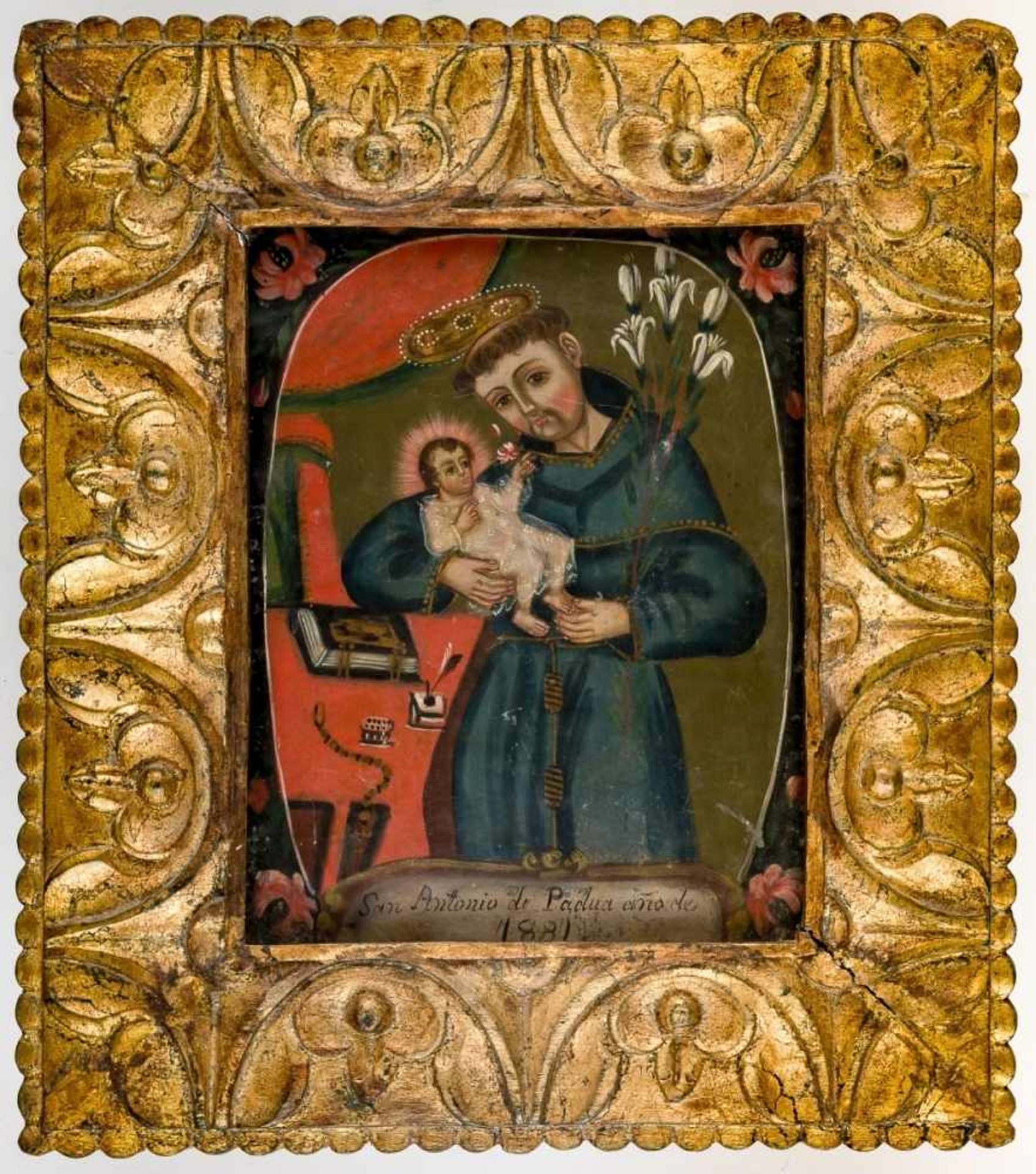 St. Anthony of Padua, Spain, Oil on metal, dated 1881, 25,5 x 20 cm, frame: 39 x 33,5 cm// - Bild 2 aus 2