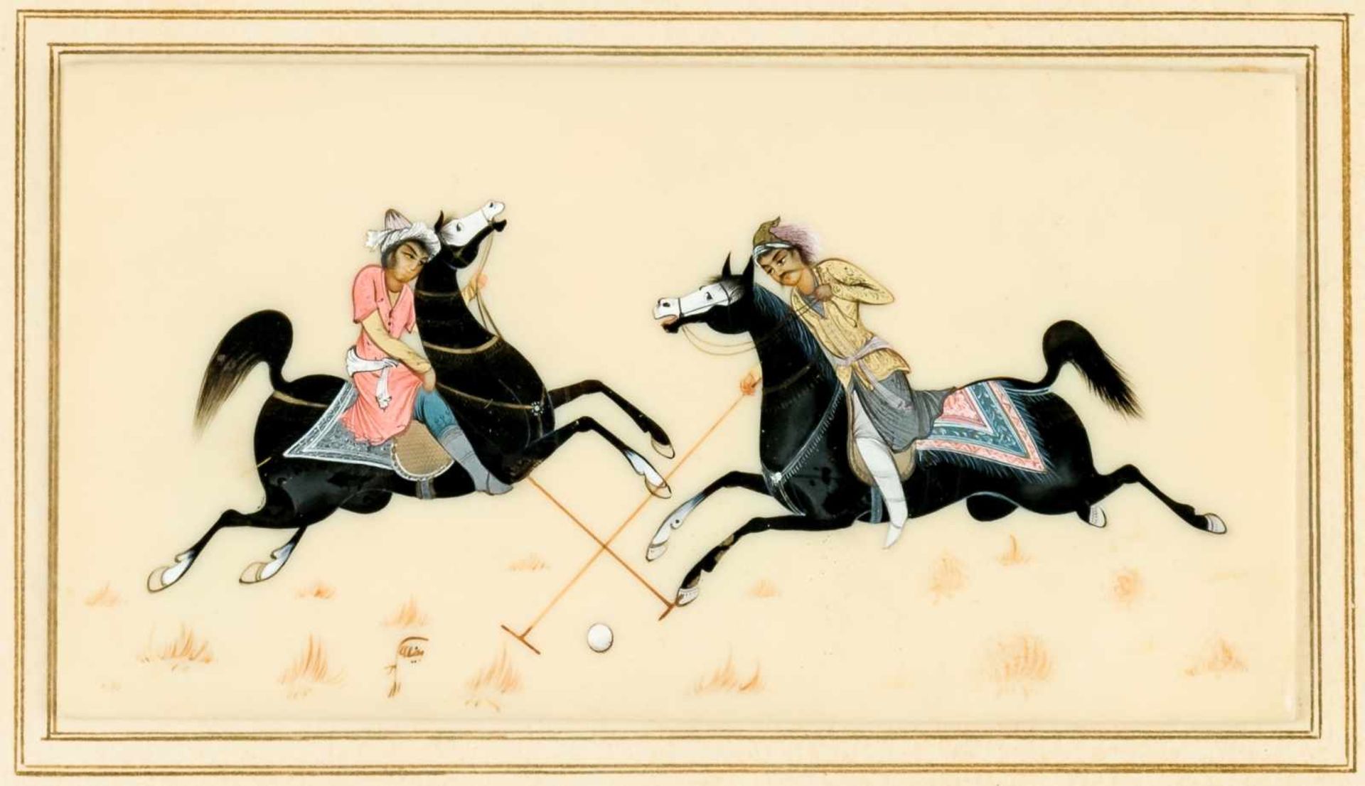 Playing Polo, Persian miniature painting on ivory with inlaid frame, probably early 20thcentury., 10 - Bild 2 aus 2