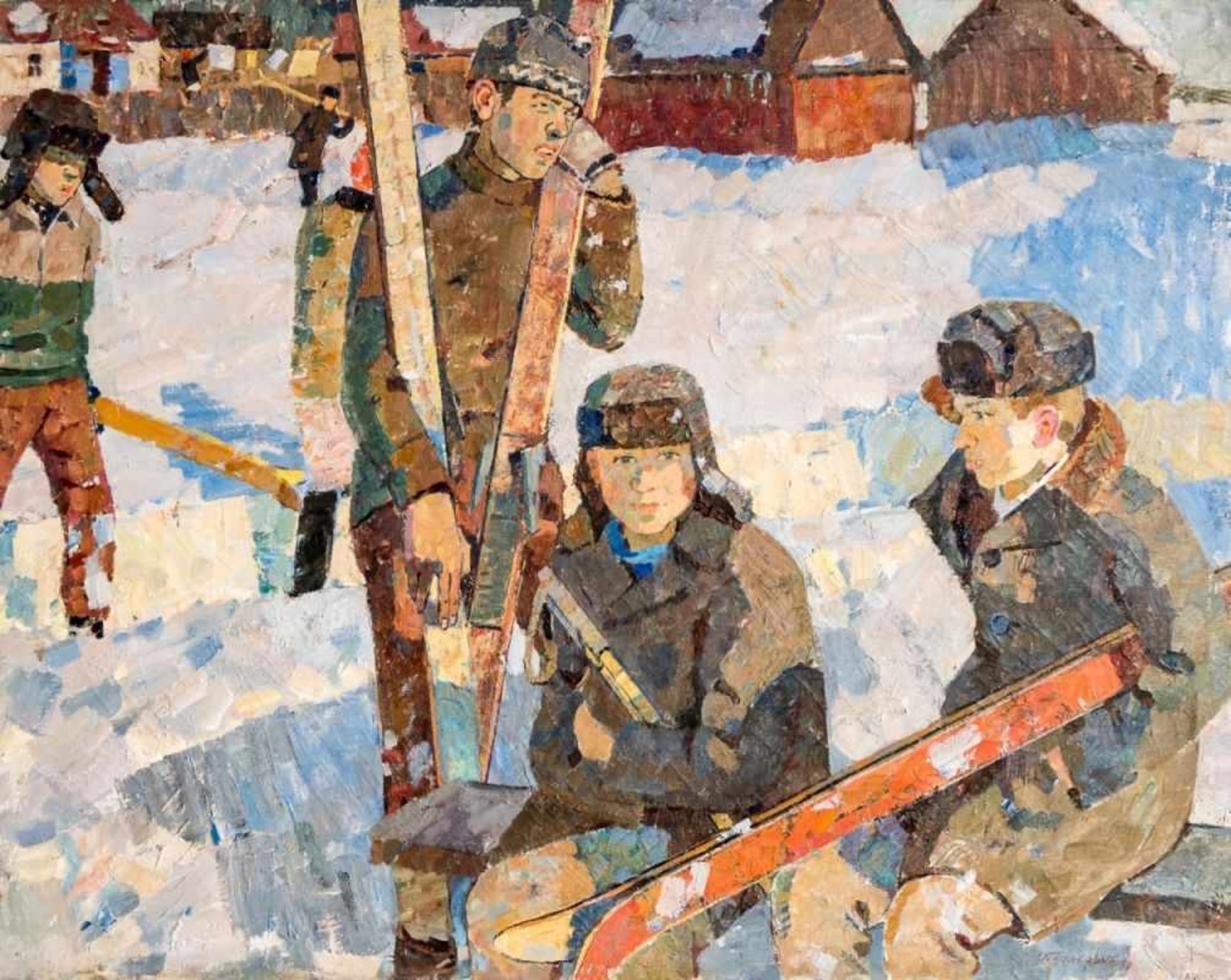 Monumental painting with skiers, Oil on canvas, signed by Grigory Shponko (1926-2005),120x125