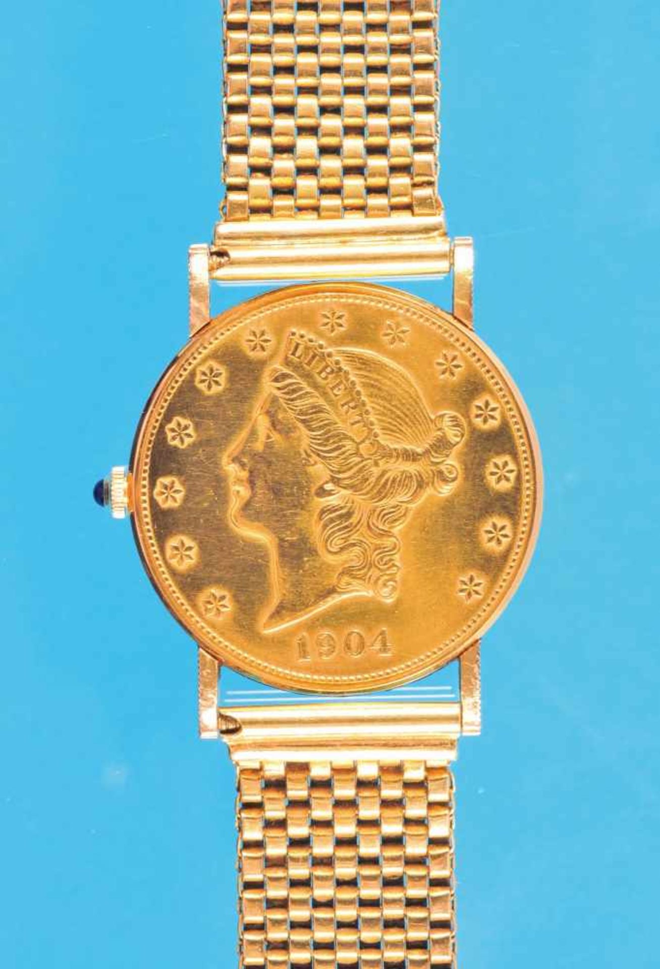 Seltene Corum 20 Dollar Goldarmbanduhr mit Goldband, im Verkaufs-Etui mit Beschreibung, um 1972, - Bild 2 aus 2