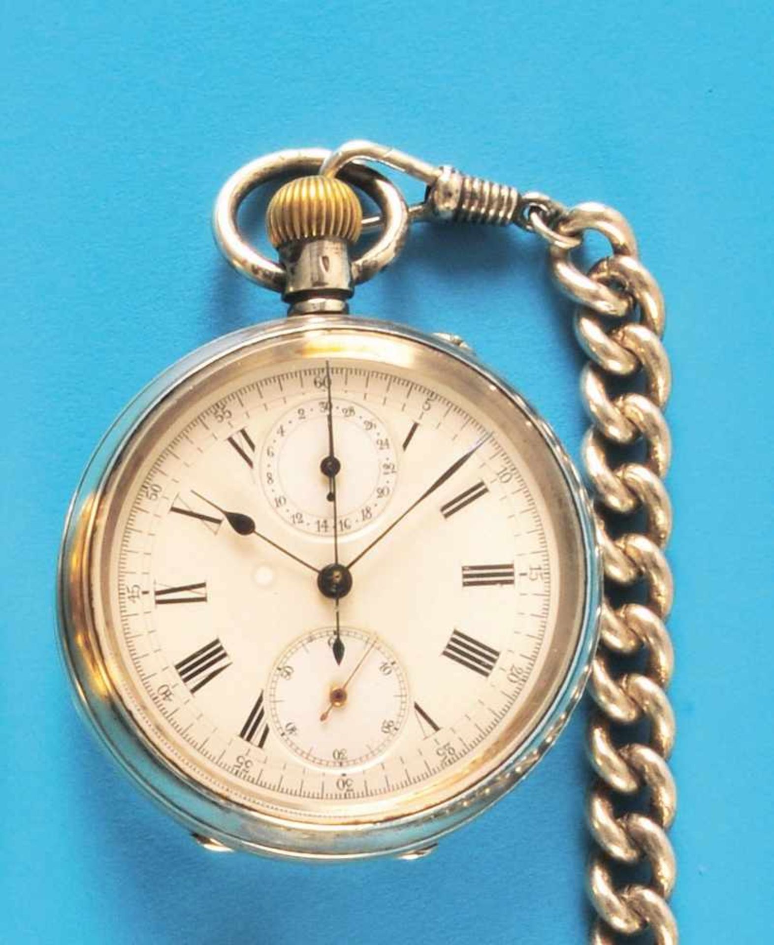 Silberne Chronographen-Taschenuhr, mit Metall- Taschenuhrkette, guillochiertGehäuse, E.Z mit - Image 2 of 2