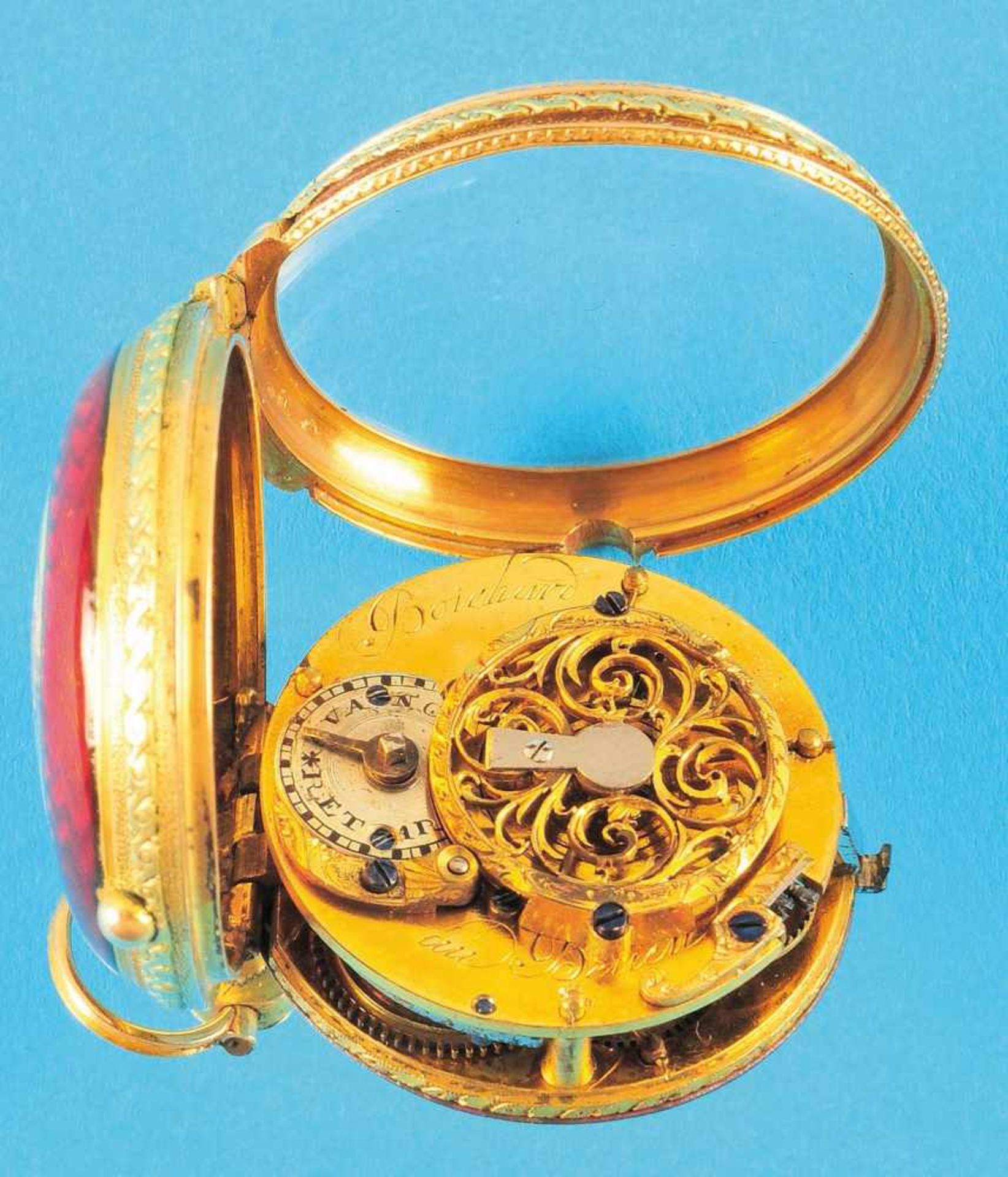 Damen Gold/Email- Spindeltaschenuhr, Boichard, Goldgehäuse, Werkschale mit Darstellung einer - Bild 2 aus 3