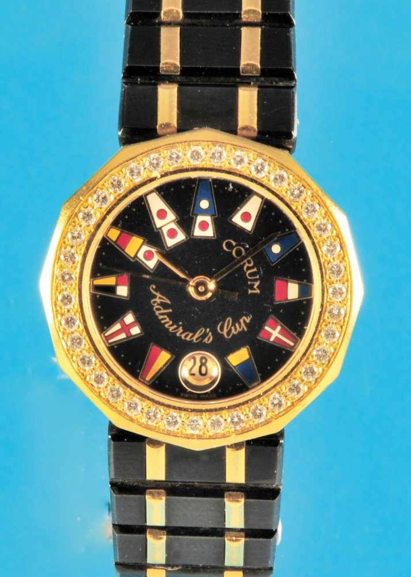 Damen-Armbanduhr, Corum Admirals-Cup, bruniertes Gehäuse mit Brillantlunette, schwarzes