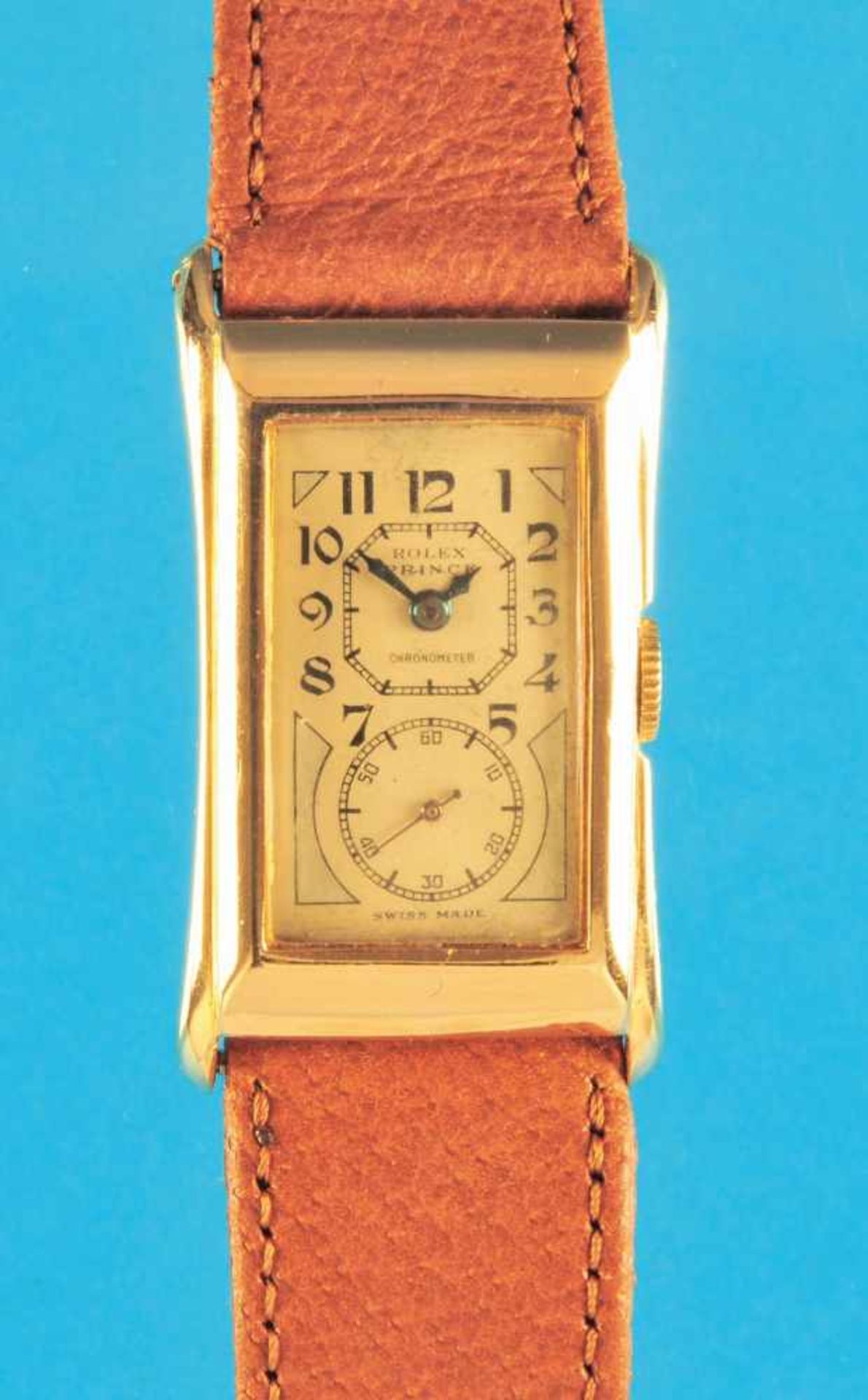 Rechteckige Goldarmbanduhr, Rolex Prince Brancard - Observatory Chronometer- Armbanduhr um 1945,