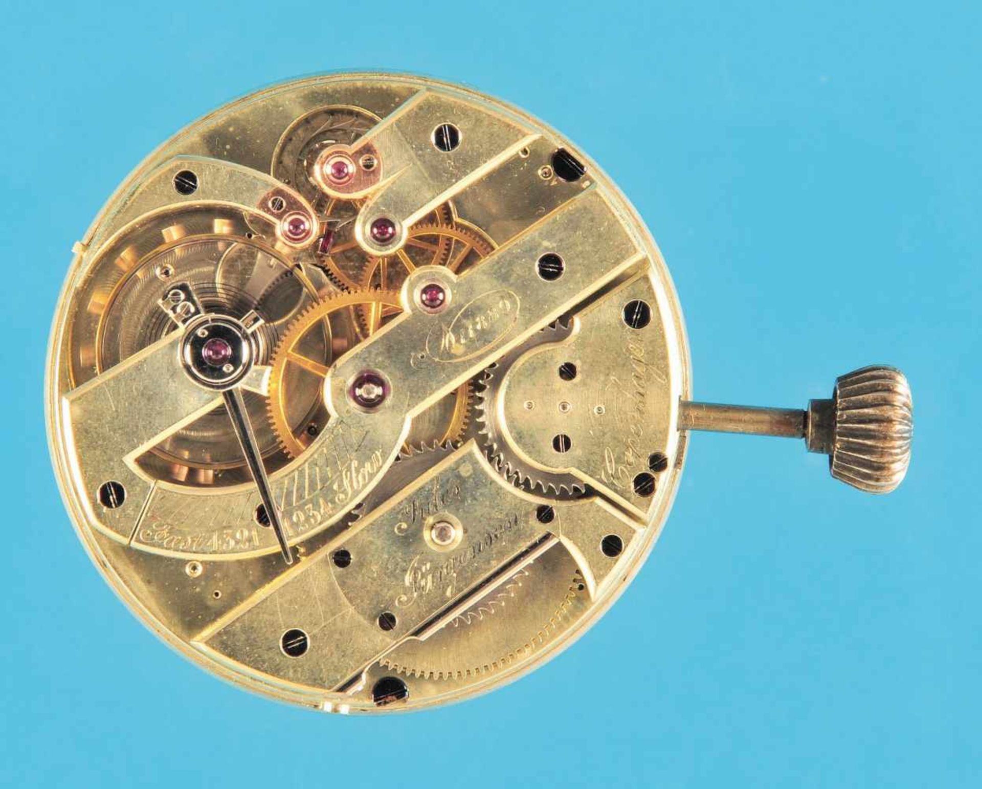 Taschenuhr-Chronographenwerk, Jules Jürgensen Copenhagen, Nickel- Brückenwerk mit Ankergang, - Bild 2 aus 2