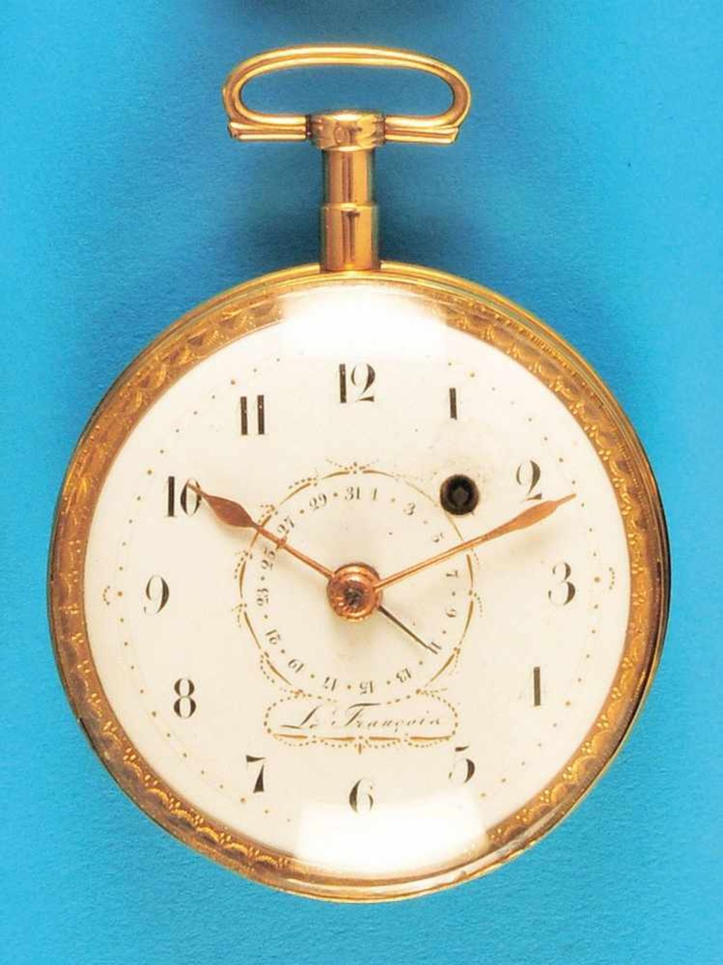 Goldene Spindeltaschenuhr mit Datum, Le Francoid, Sees, glattes Gehäuse, Emailzifferblatt mit