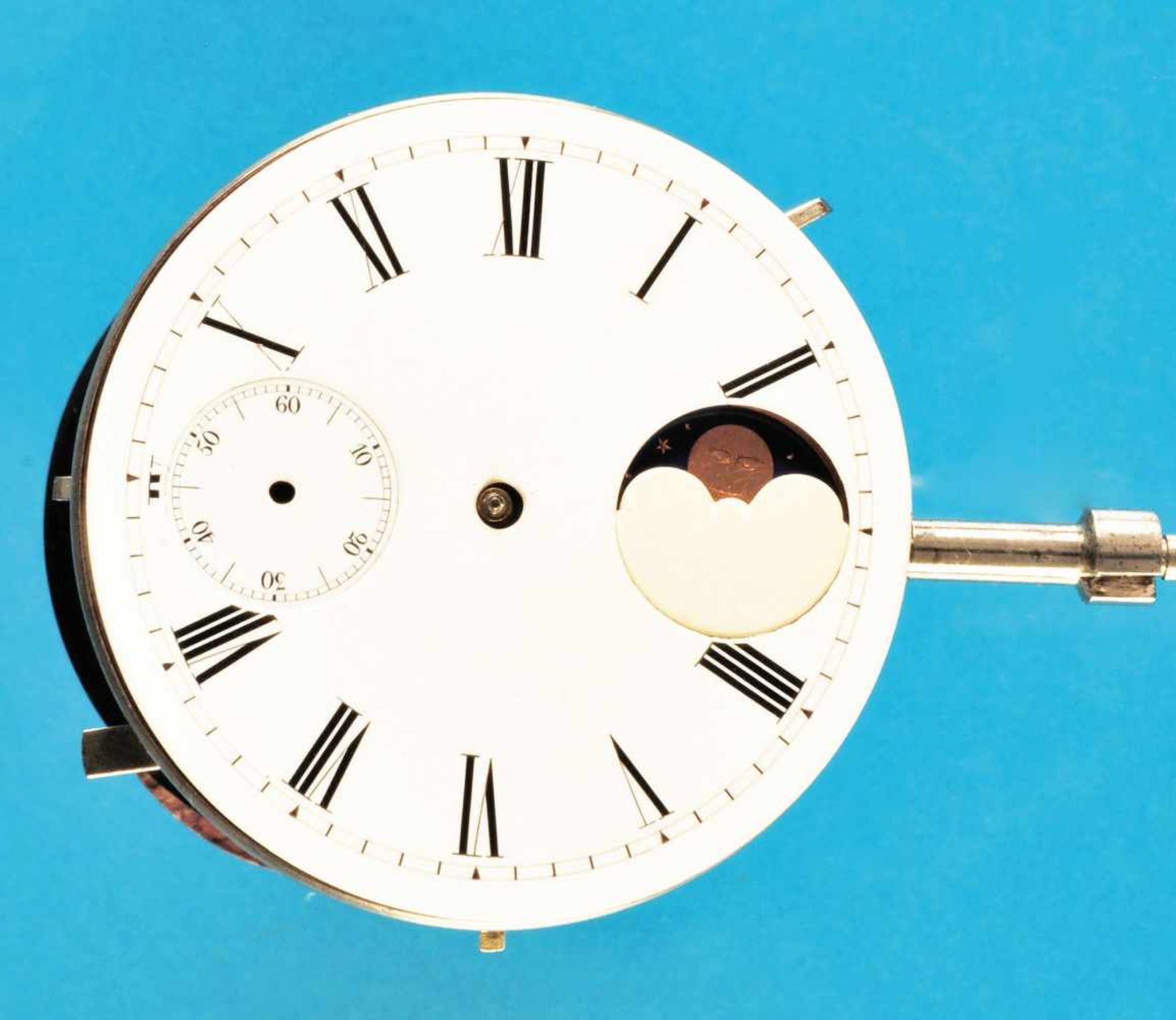 Nickel-Taschenuhrwerk mit Mondphase und rückseitigem Kalendarium, B. Haas & Co., Werk mit Ankergang, - Bild 2 aus 2