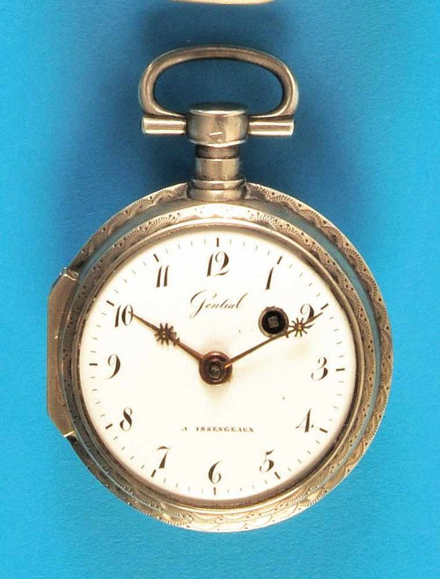 Silberne Spindeltaschenuhr, Gential à Issengeaux, glattes Gehäuse mit Außenscharnier,