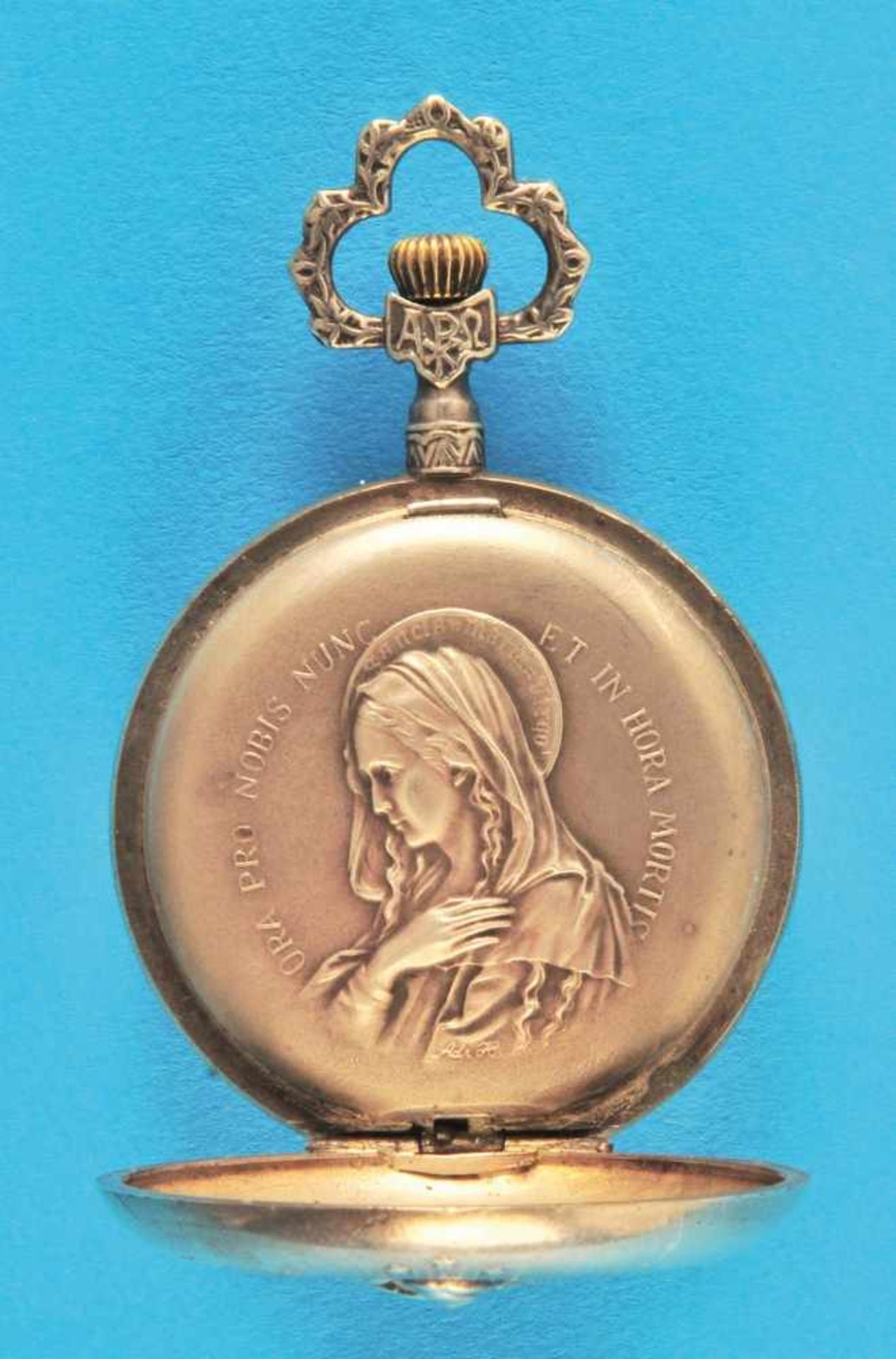 Damen Motiv-Taschenuhr, Ave Maria, mit reliefiertem Bild der hl. Mutter Gottes, versilbertes