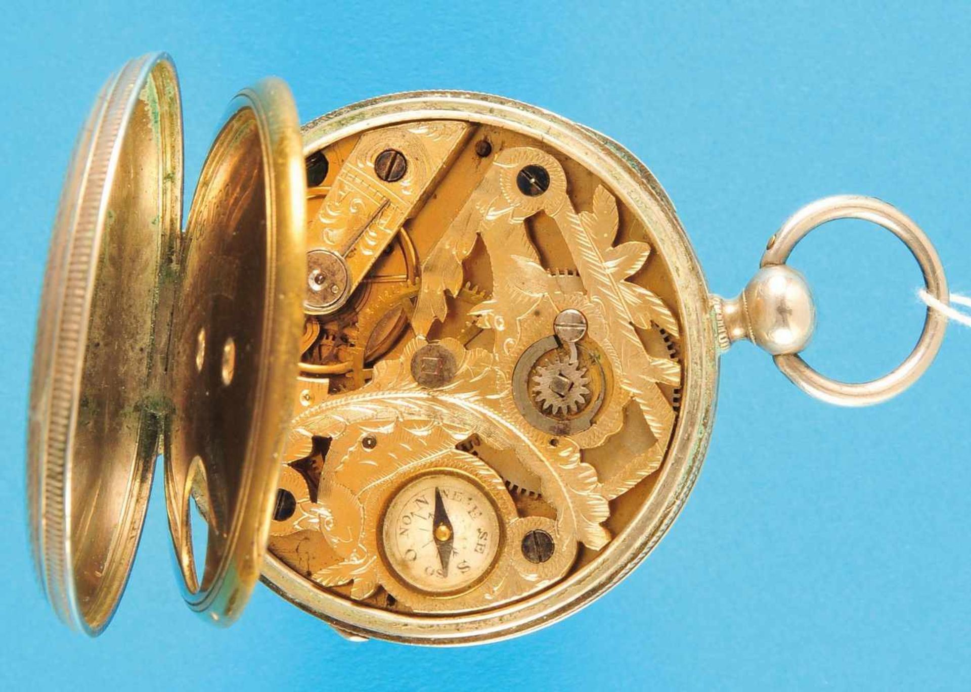 Silbertaschenuhr mit Kompass und Schlüsselaufzug, guillochiertes Gehäuse, Emailzifferblatt mit