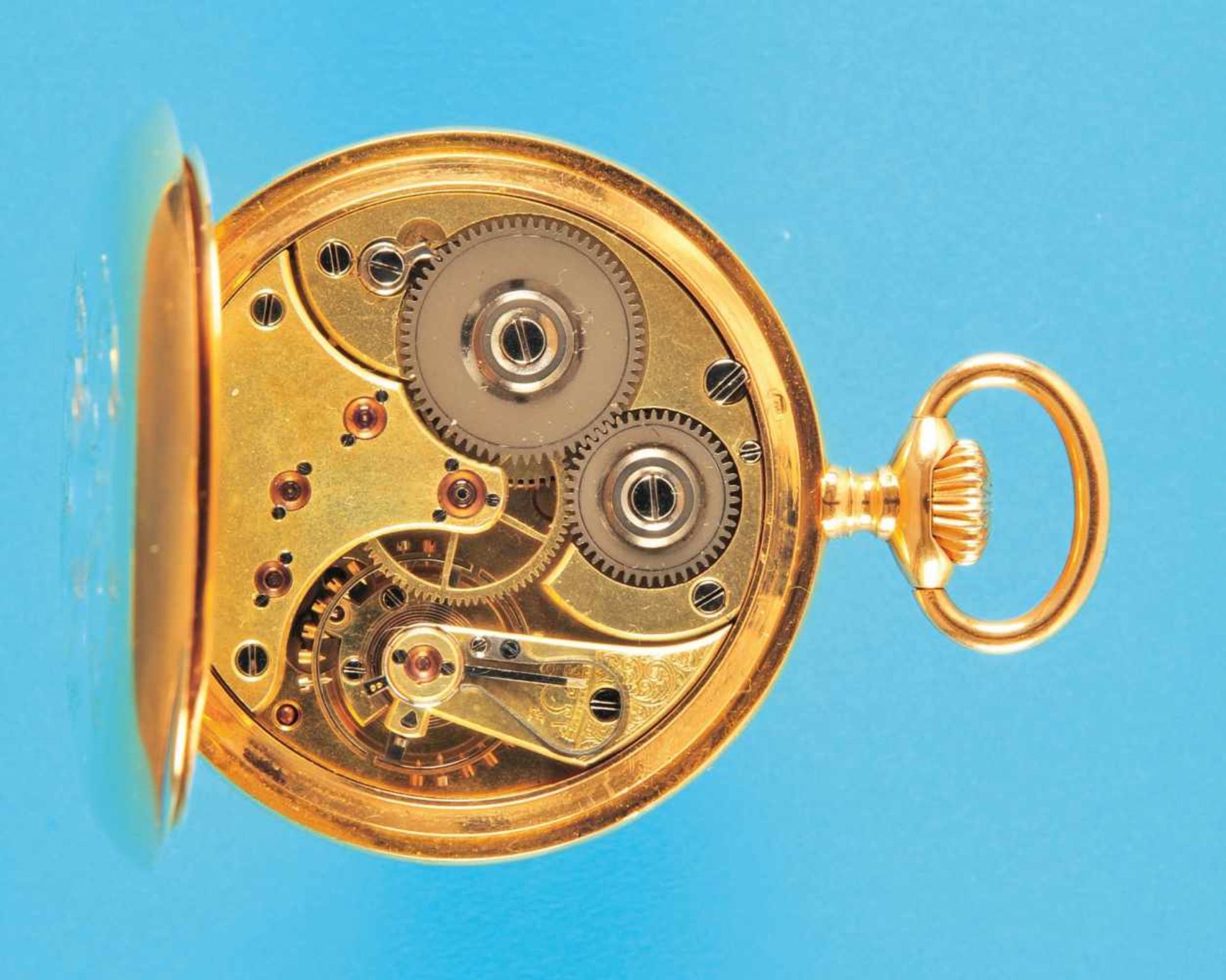 Omega Goldtaschenuhr, mit Patentschrift, glattes monogrammiertes 18-Gehäuse, Emailzifferblatt mit