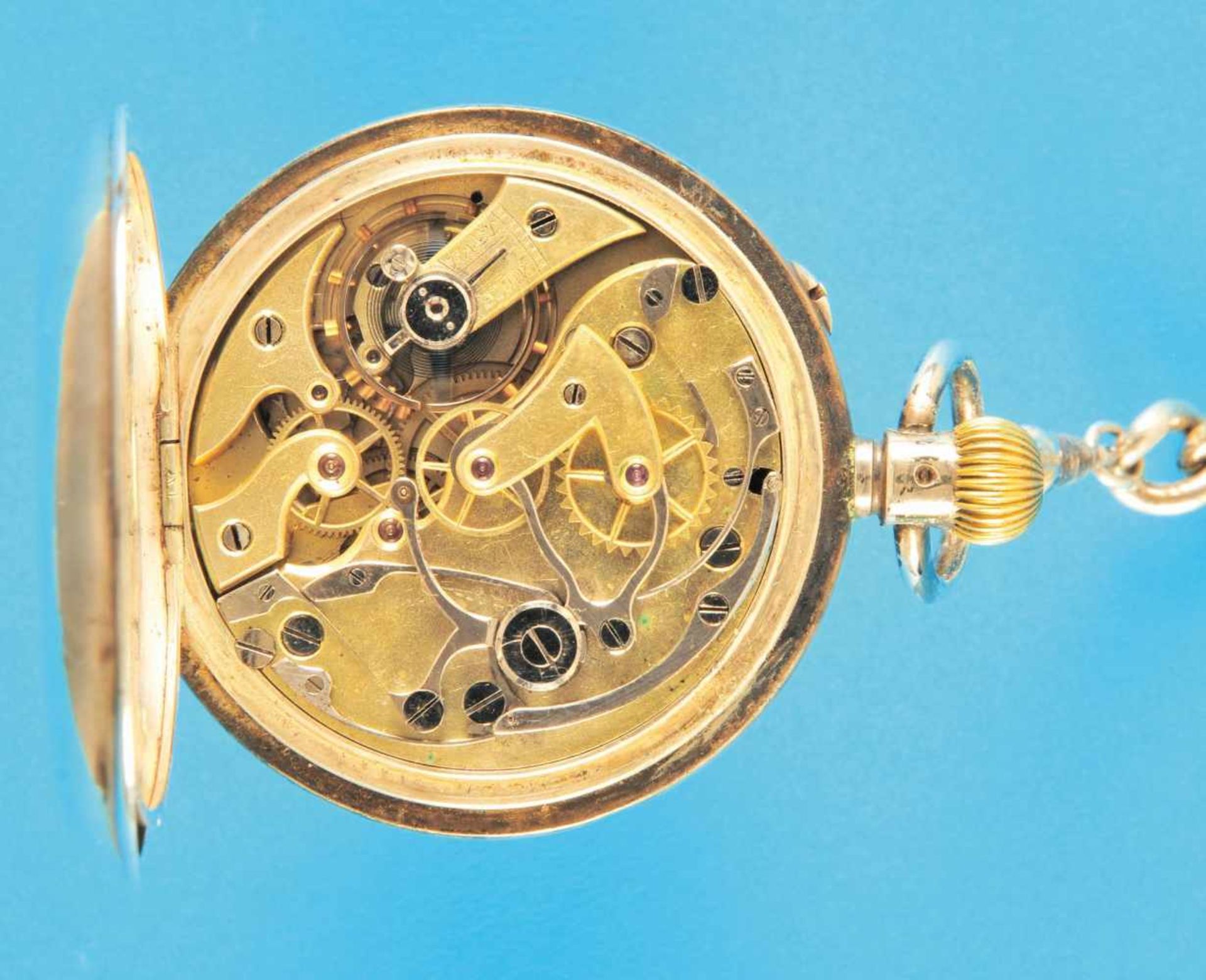 Silberne Chronographen-Taschenuhr, mit Metall- Taschenuhrkette, guillochiertGehäuse, E.Z mit