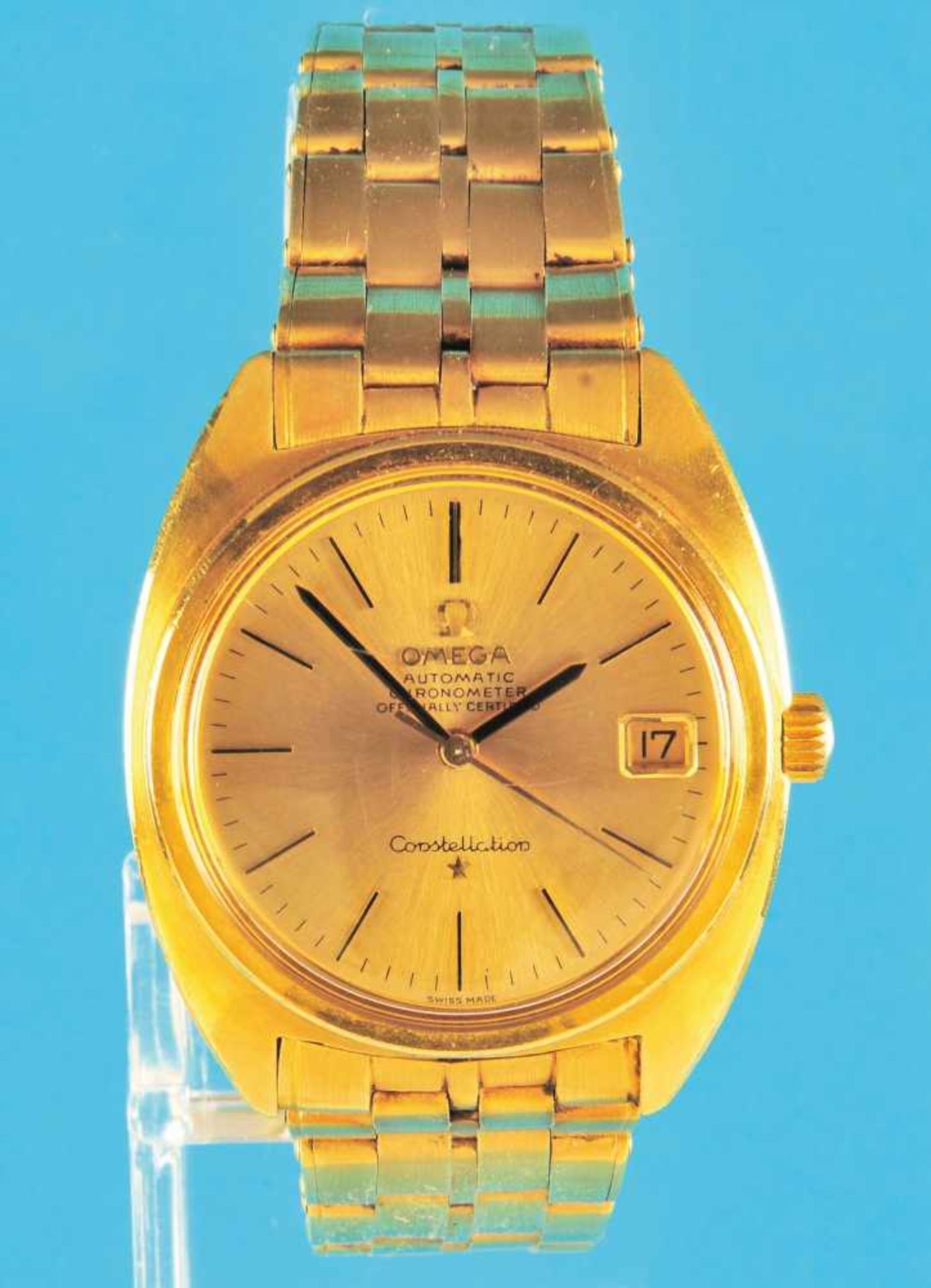 Goldarmbanduhr mit Goldgliederband, Omega Automatic, Chronometer, Constellation, vergoldetes