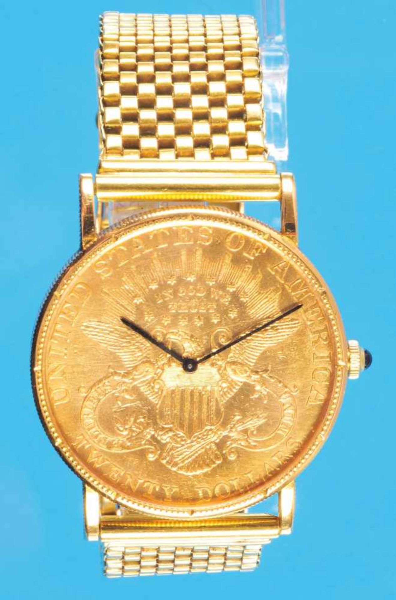 Seltene Corum 20 Dollar Goldarmbanduhr mit Goldband, im Verkaufs-Etui mit Beschreibung, um 1972,