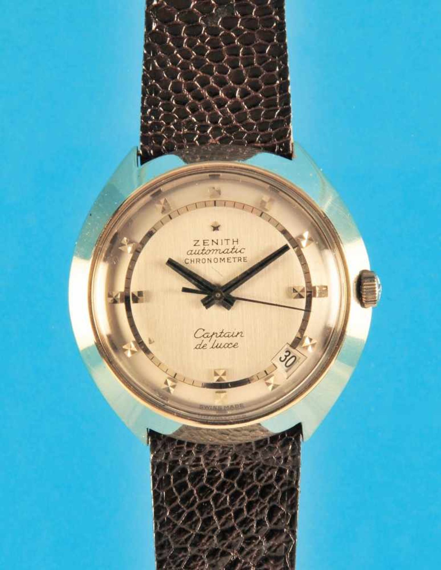 Goldener Armbanduhr- Chronometer, Zenith, Automatic, “Captain de luxe”, 18-ct.- Weißgoldgehäuse,