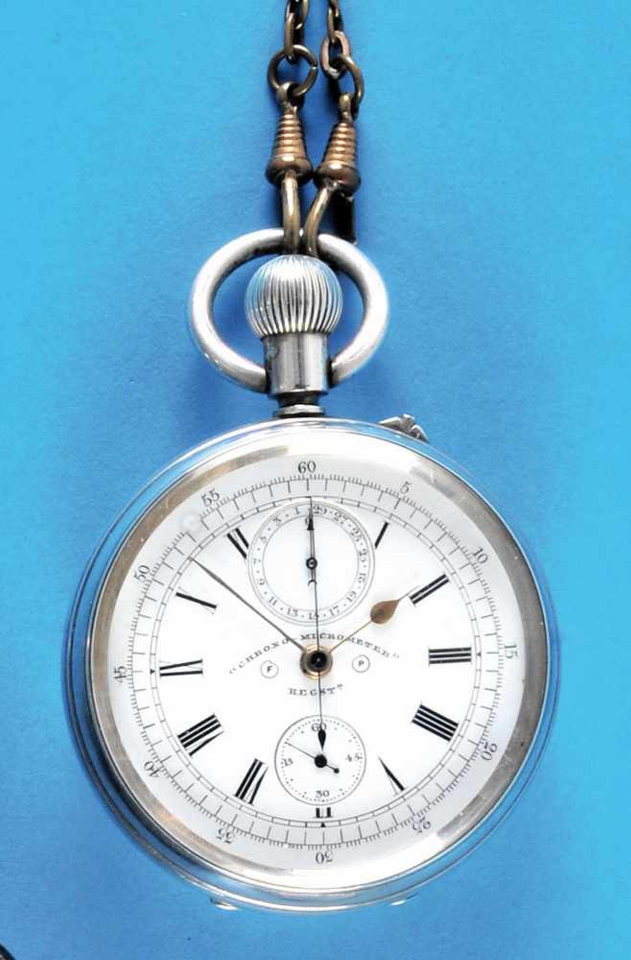 Silver pocket watch chronograph with gold-plated pocket watch chainSilberner Taschenuhr- - Bild 2 aus 2