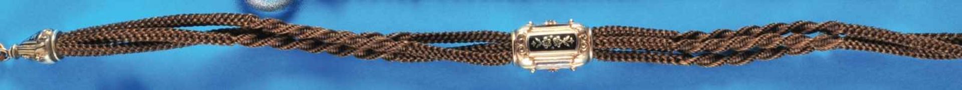 Biedermeier hair pocket watch chainBiedermeier Haar-Taschenuhrkette mit vergoldetem Mittelteil (