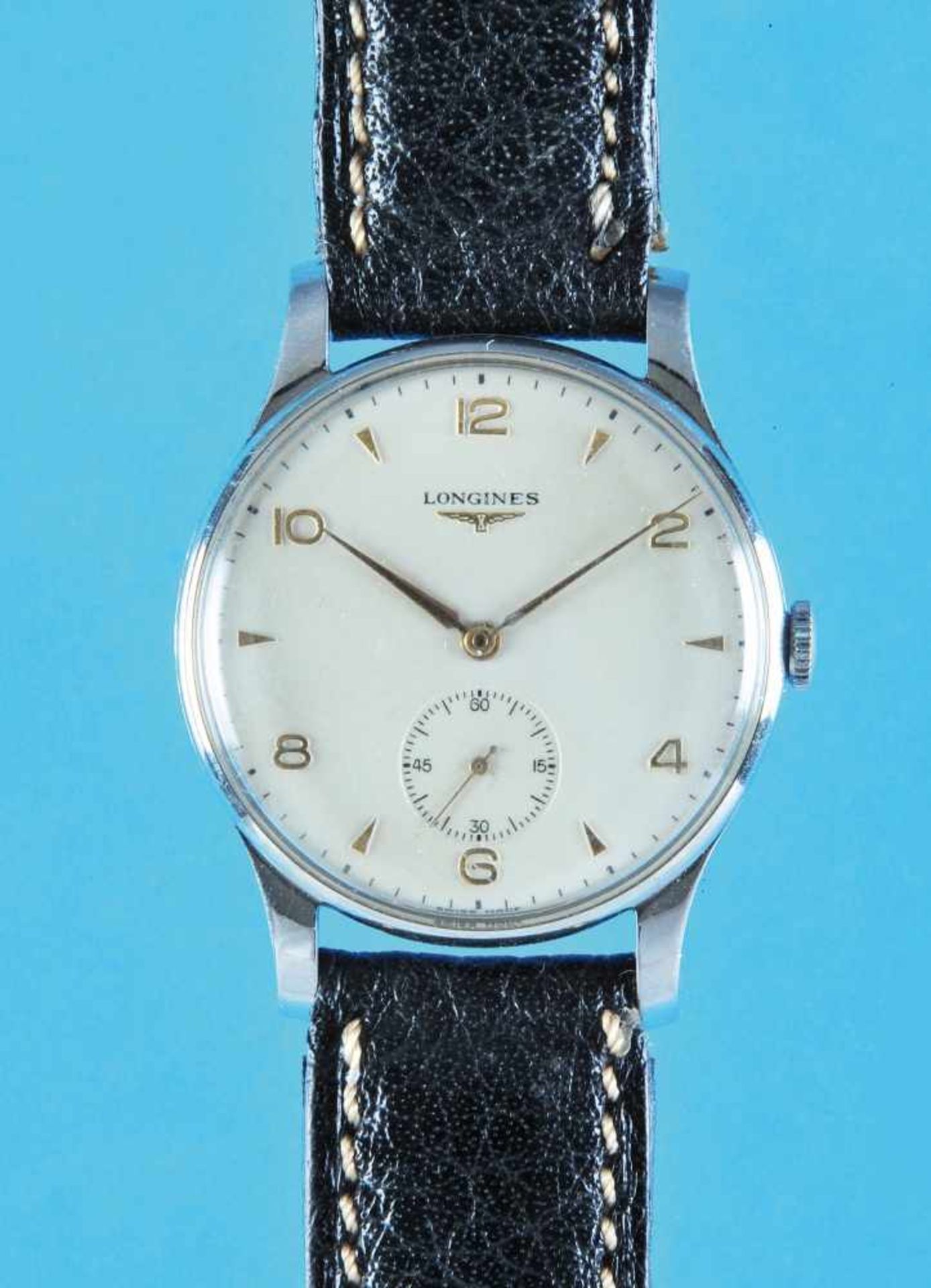 Steel wristwatch LonginesStahlarmbanduhr, Longines, versilbertes Zifferblatt mit arabischen