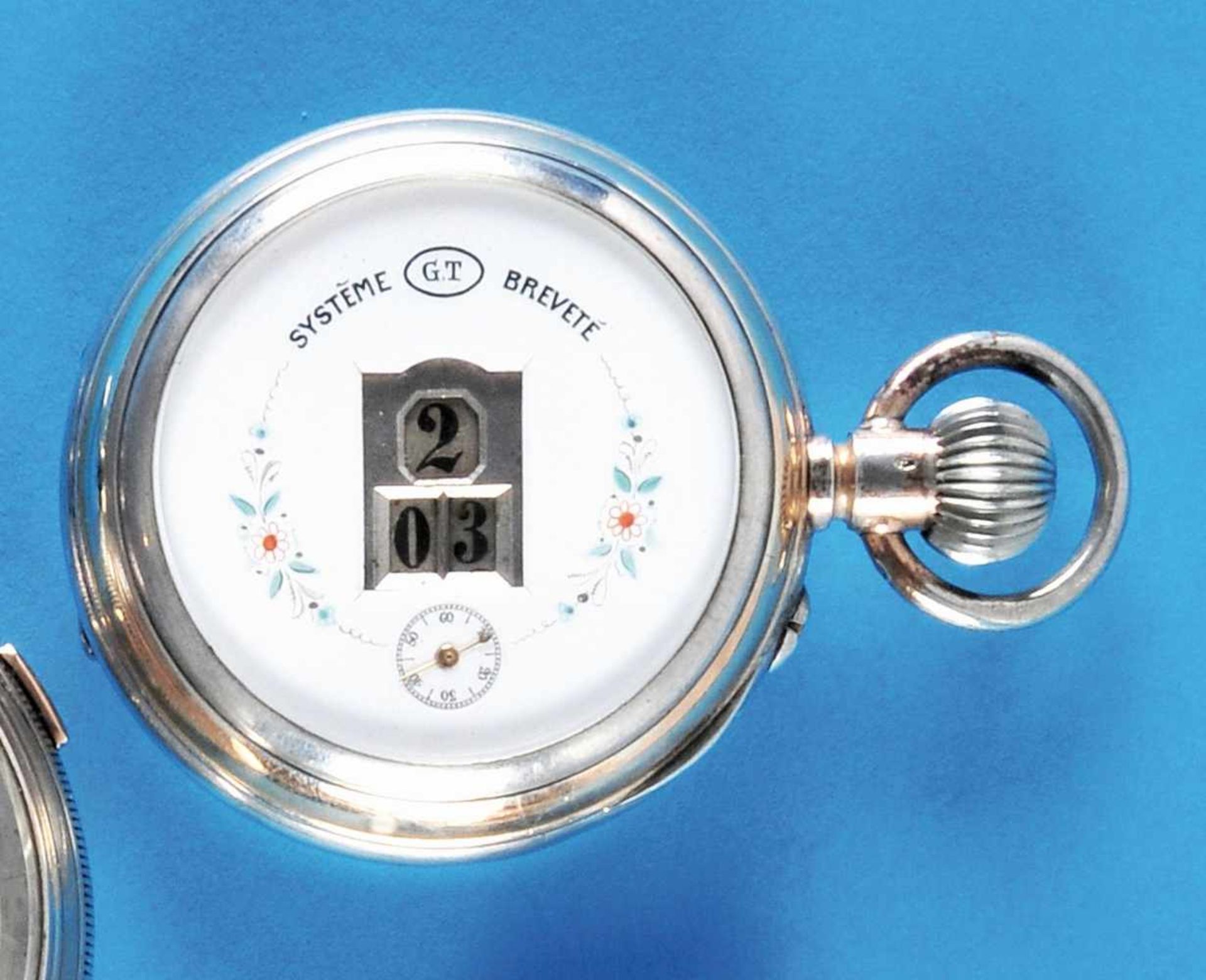 Silver pocket watch with digital dial, GTSilbertaschenuhr mit Digital-Anzeige, GT, guillochiertes