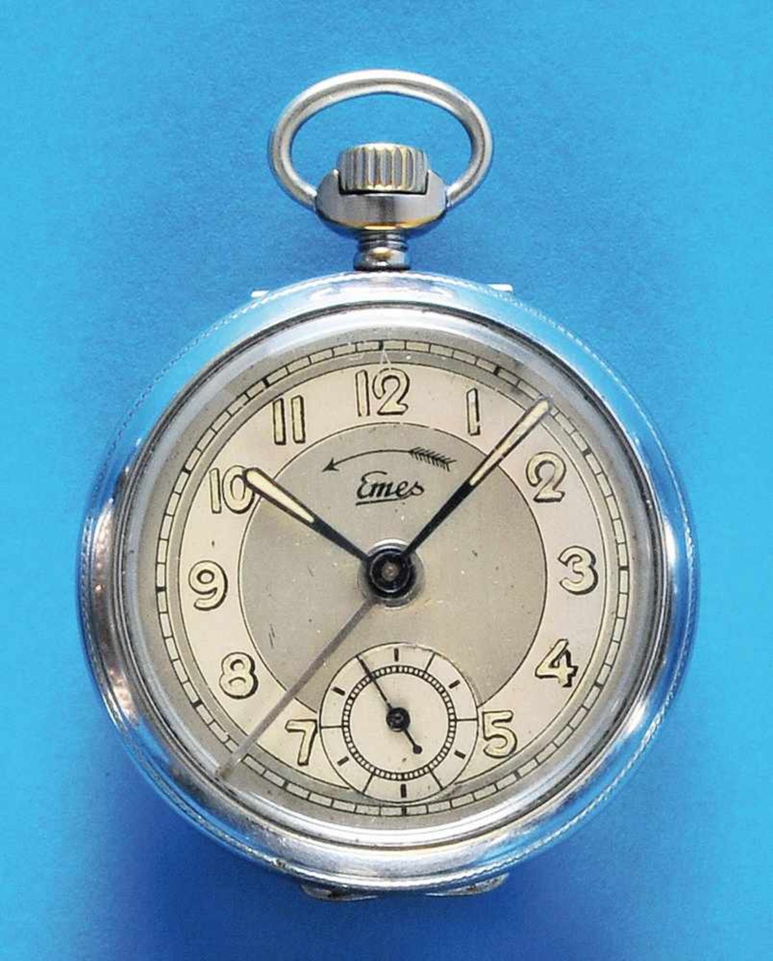 Nickel pocket watch with alarm, EmesNickeltaschenuhr mit Wecker, Emes, aufstellbares Gehäuse,