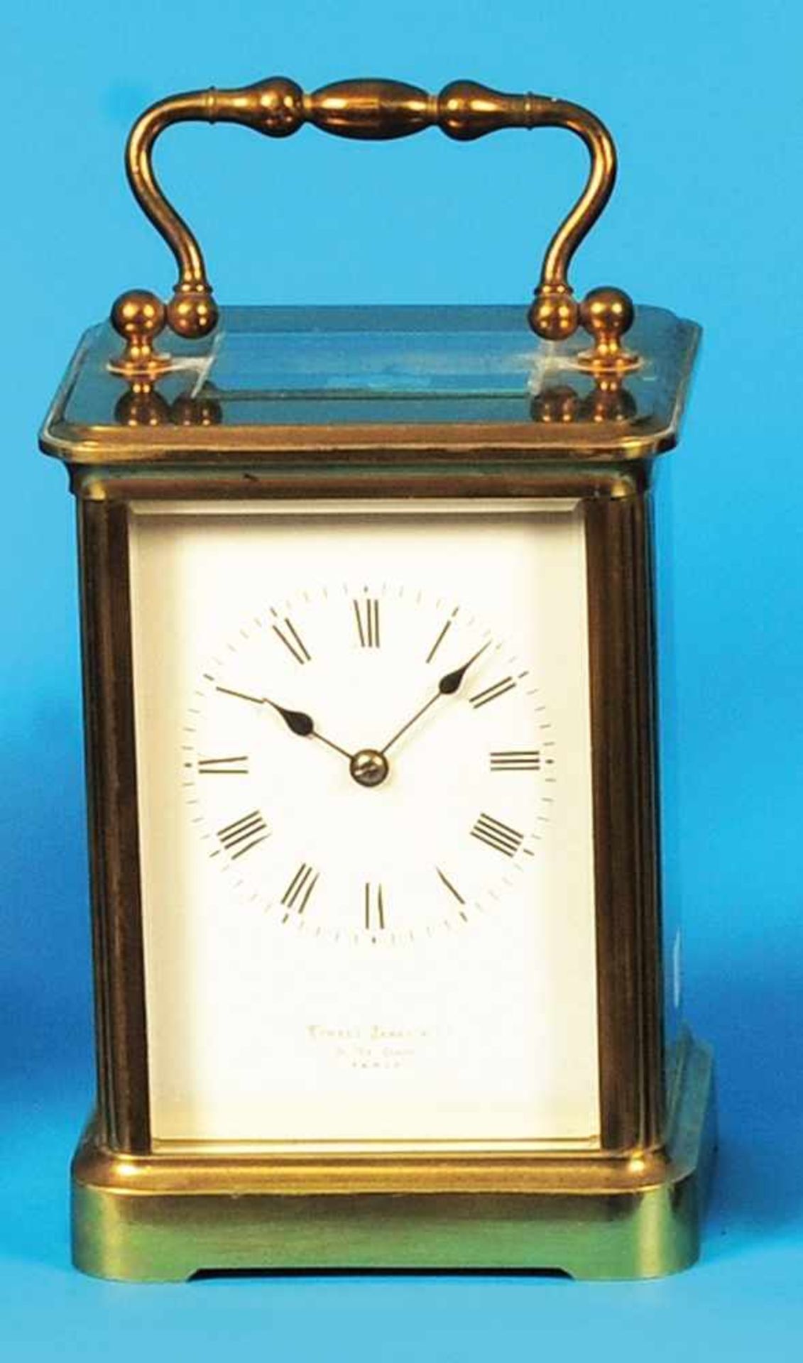 Allround glassed travel clock with 17"-hour-strike on bell, signed Howell James & Co. ParisRundum