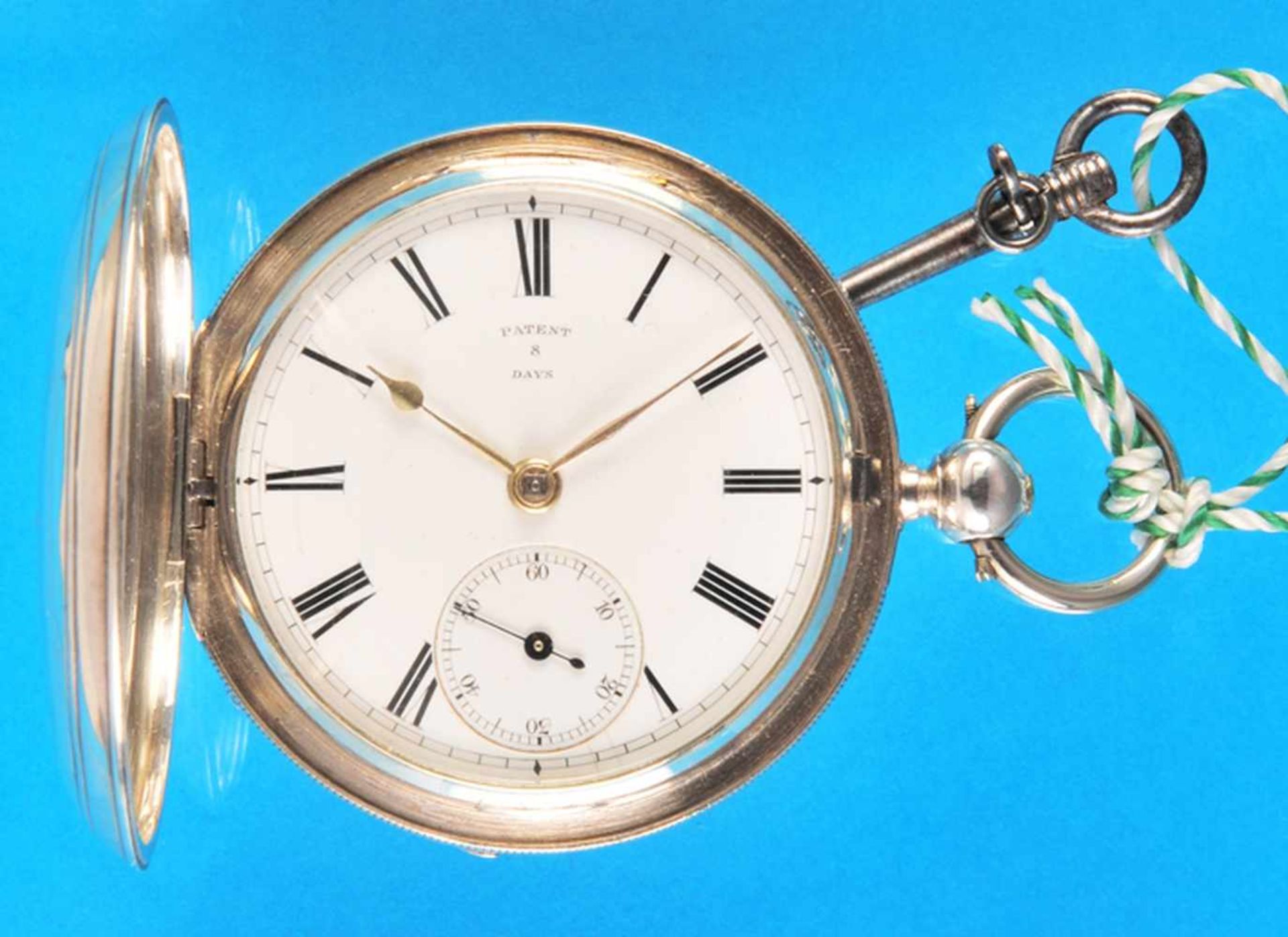 Enlish silver pocket watch with 8-day diurnal cycle in wooden case, J. Silverstone LondonEnglische