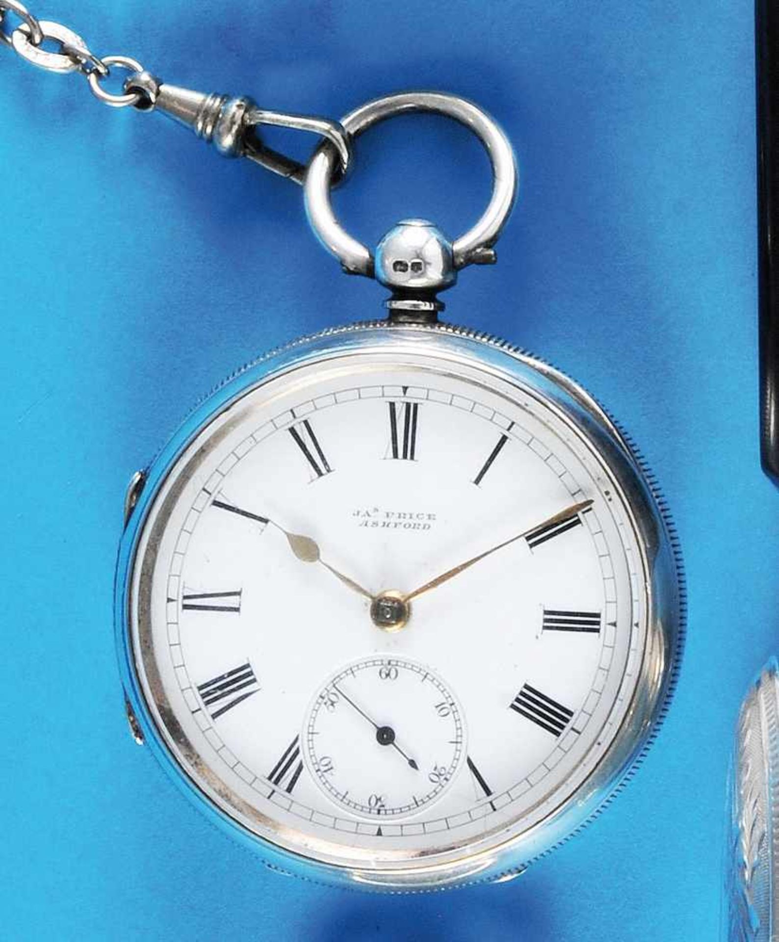 English silver pocket watch with silver pocket watch chain signed James Price AshfordEnglische