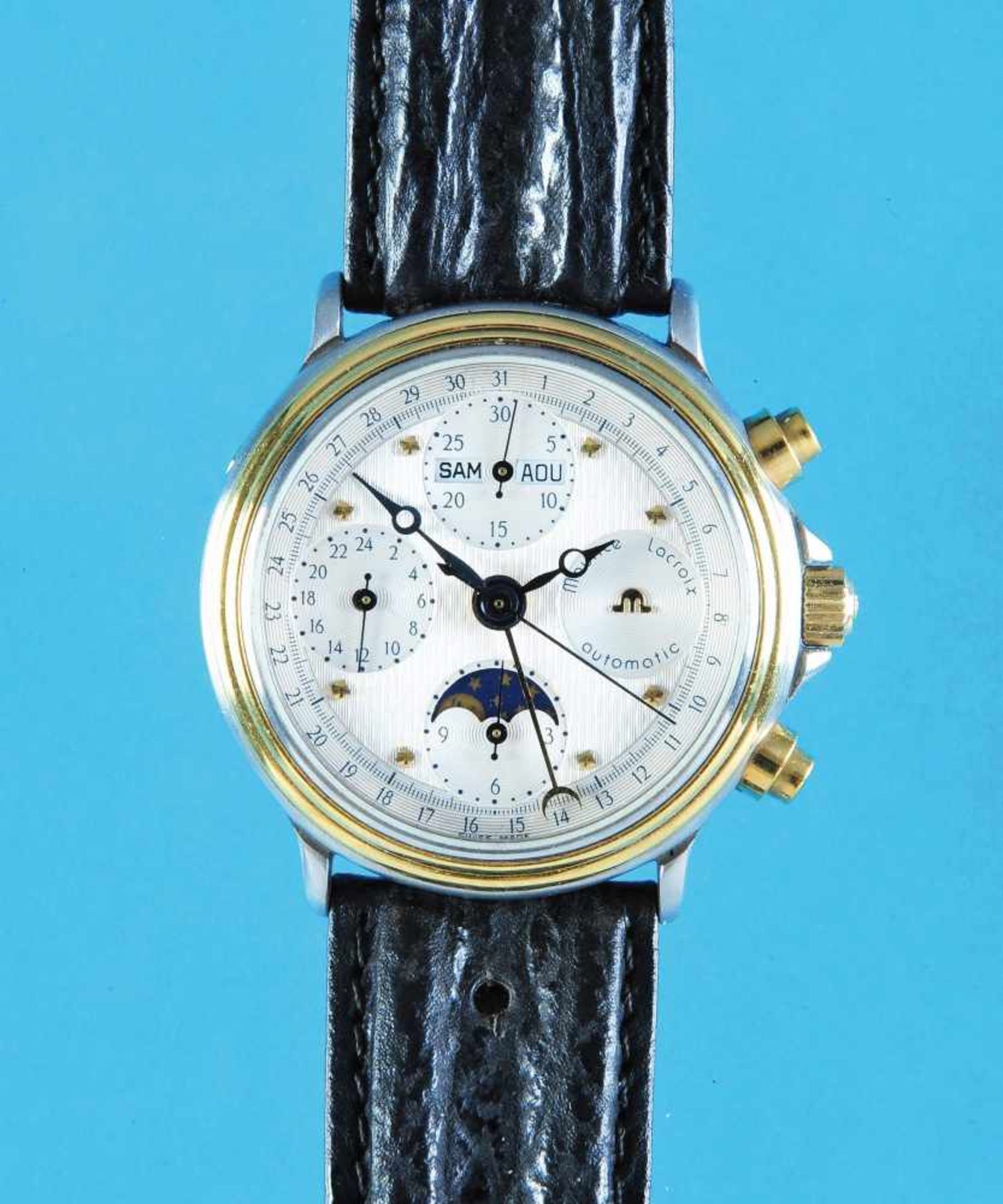 Gold-plated steel wristwatch with chronograph and moonphase calendar, Maurice Lacroix