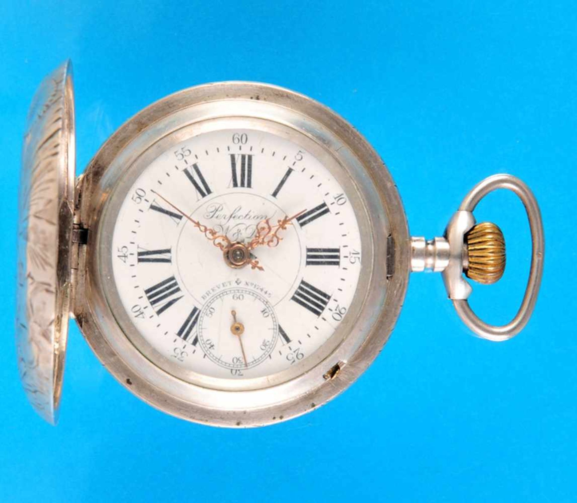 Silver pocket watch with spring cover, La perfectionSilbertschenuhr mit Sprungdeckel, La Perfection,