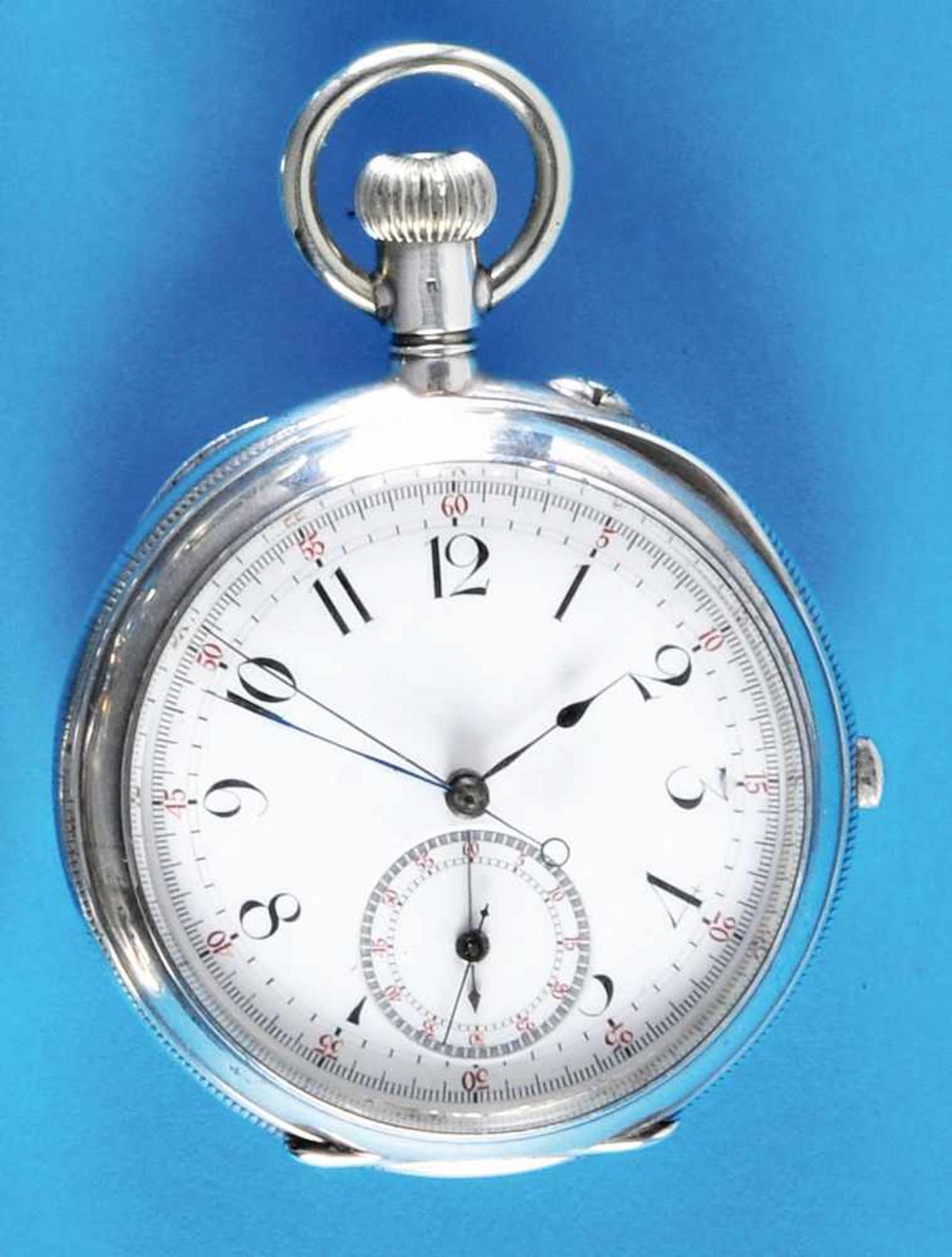 Silver pocket watch with double chronographSilbertaschenuhr mit Doppelchronograph, guillochiertes. - Bild 2 aus 2