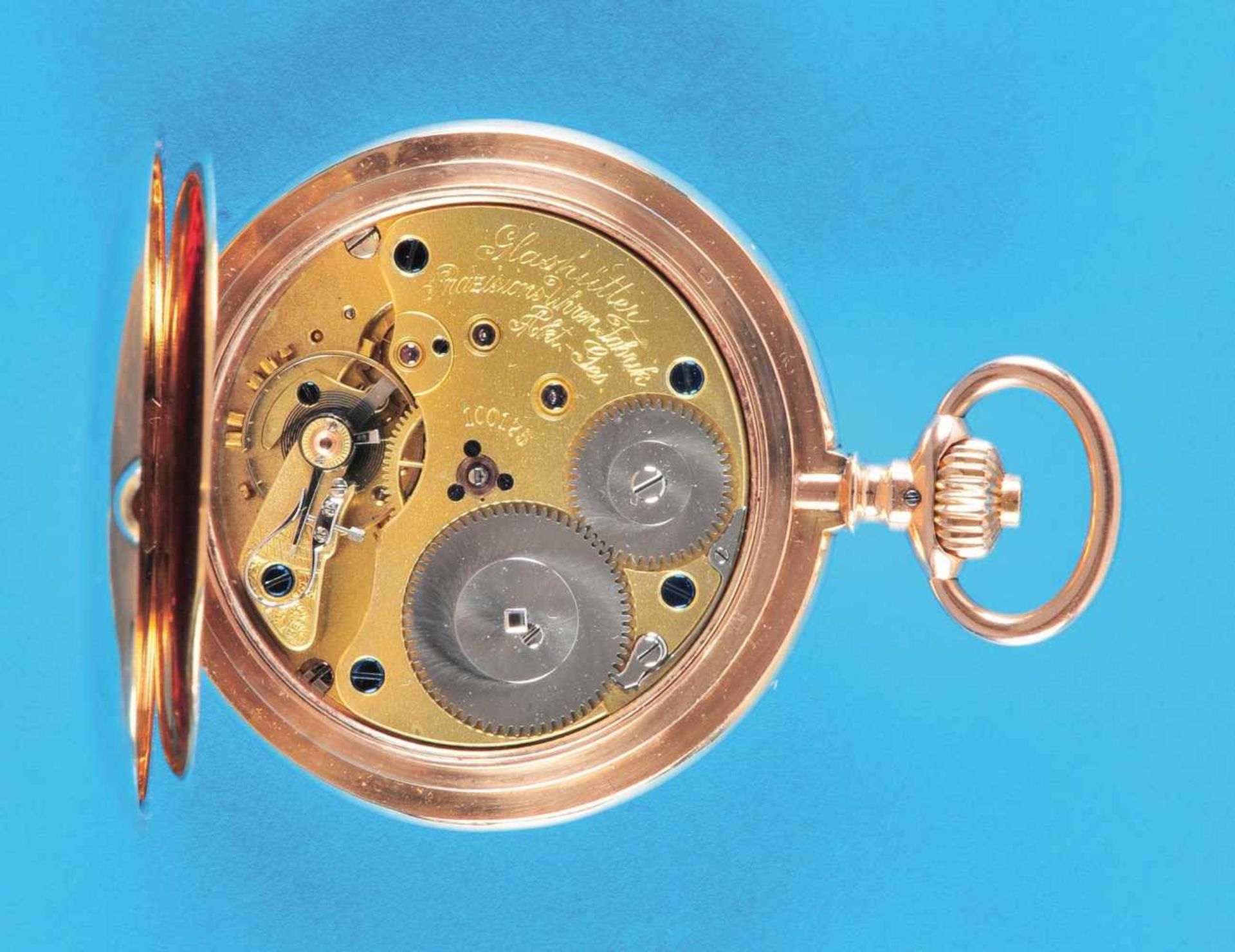 Golden pocket watch with hunting case, Glashütter Präzisions-Uhrenfabrik A. G.