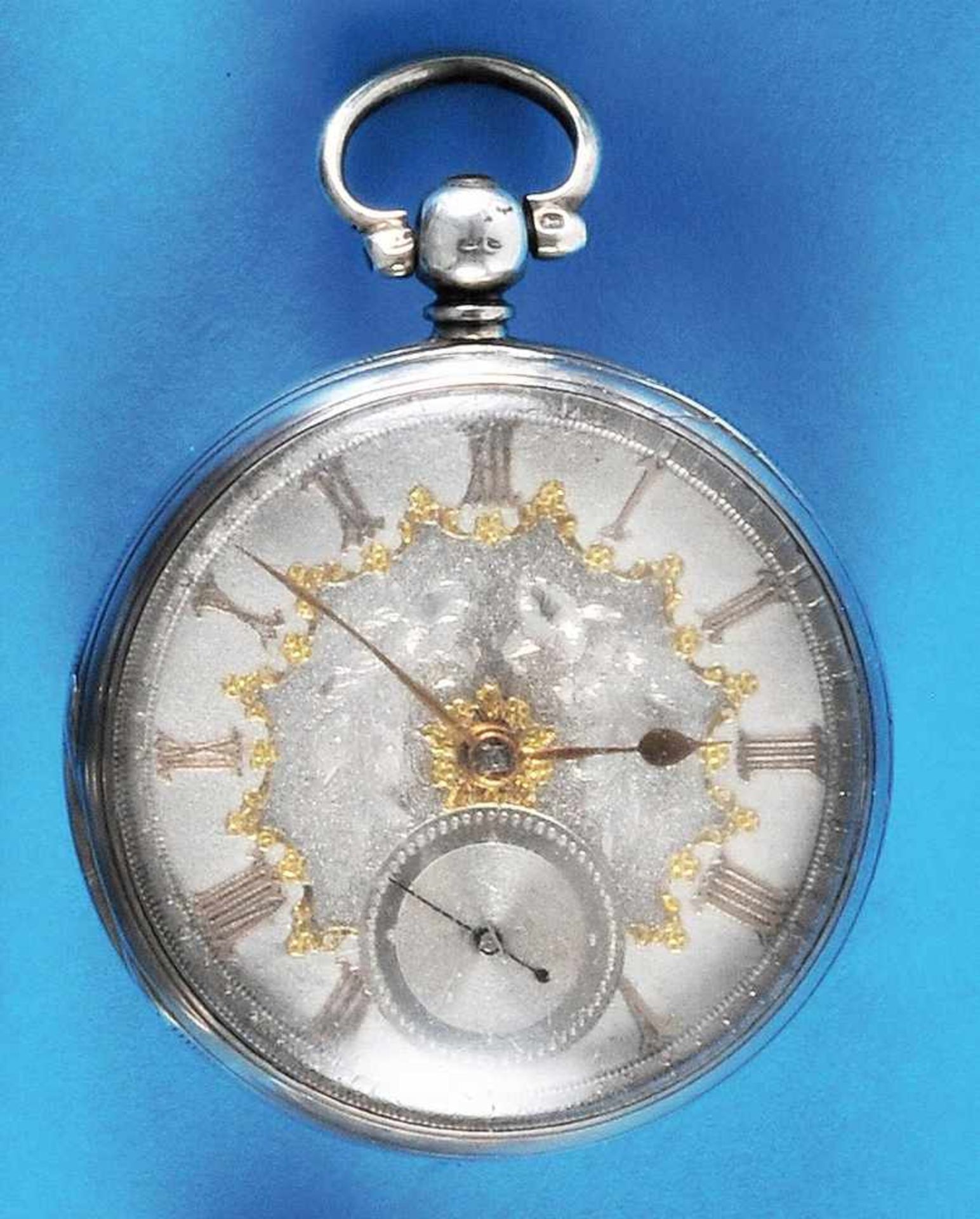 Silver englich pocket watch, silver dial with gold-plated roman numbersSilberne Englische