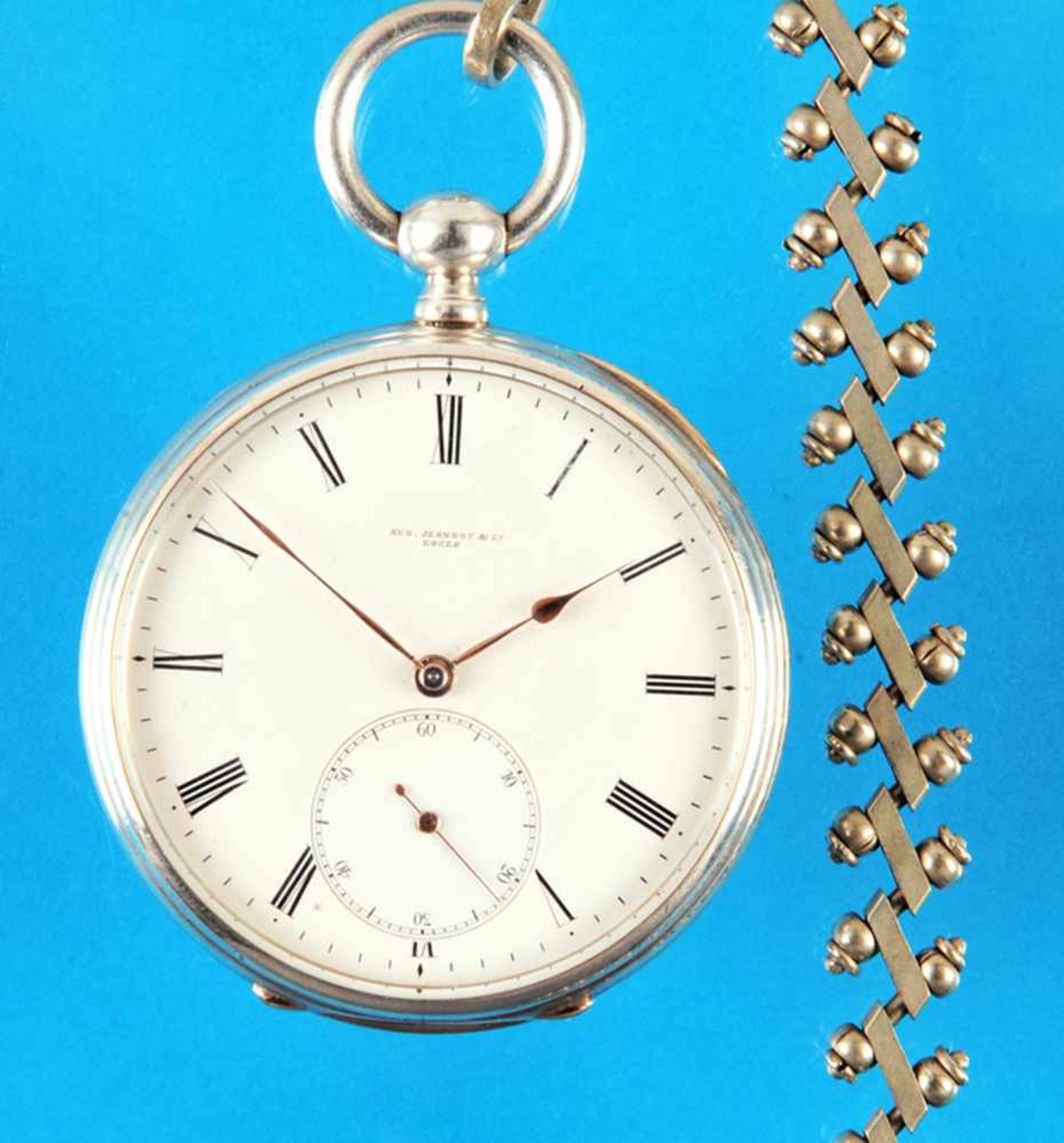 Silver pocket watch with chronometer escapement and pocket watch key, August Jeanot & Co.